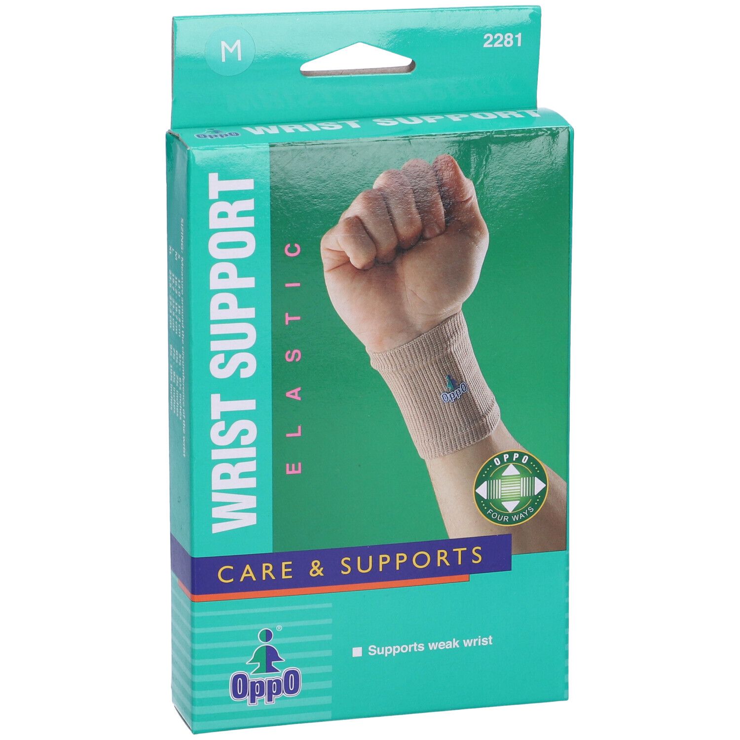 Confezione del tutore per polso Oppo. Scritta: Wrist Support Elastic, Care & Supports, Oppo. Mano con bendaggio.