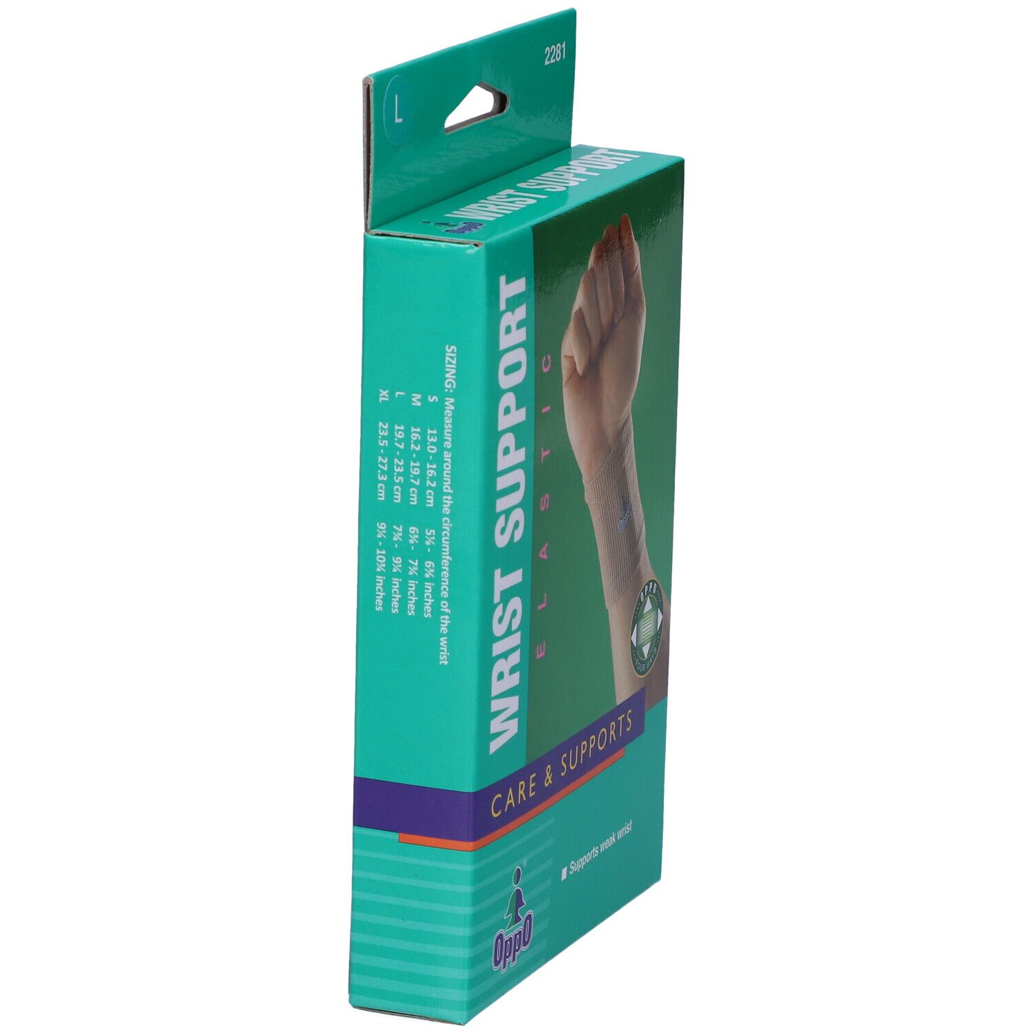 Supporto per polso Oppo, vista laterale della confezione. Informazioni sulle taglie. Scritta: WRIST SUPPORT ELASTIC.