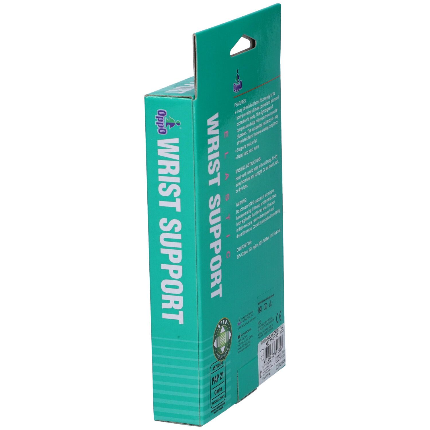 Confezione del supporto per polso Oppo, vista laterale. Scritta: WRIST SUPPORT ELASTIC. Logo e testo.