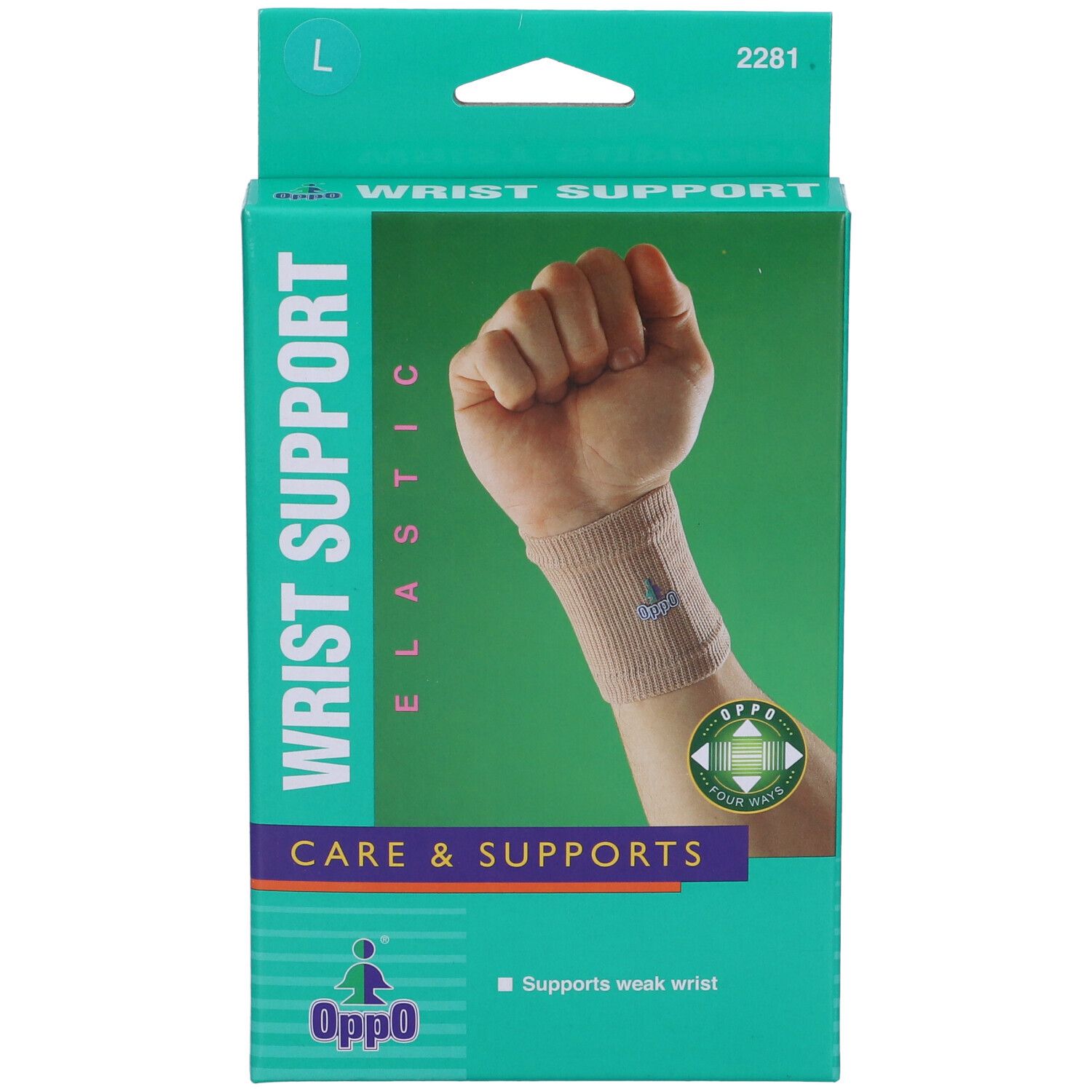 Confezione Oppo per supporto per polso. Scatola verde e bianca con immagine del prodotto. Scritta: WRIST SUPPORT ELASTIC.