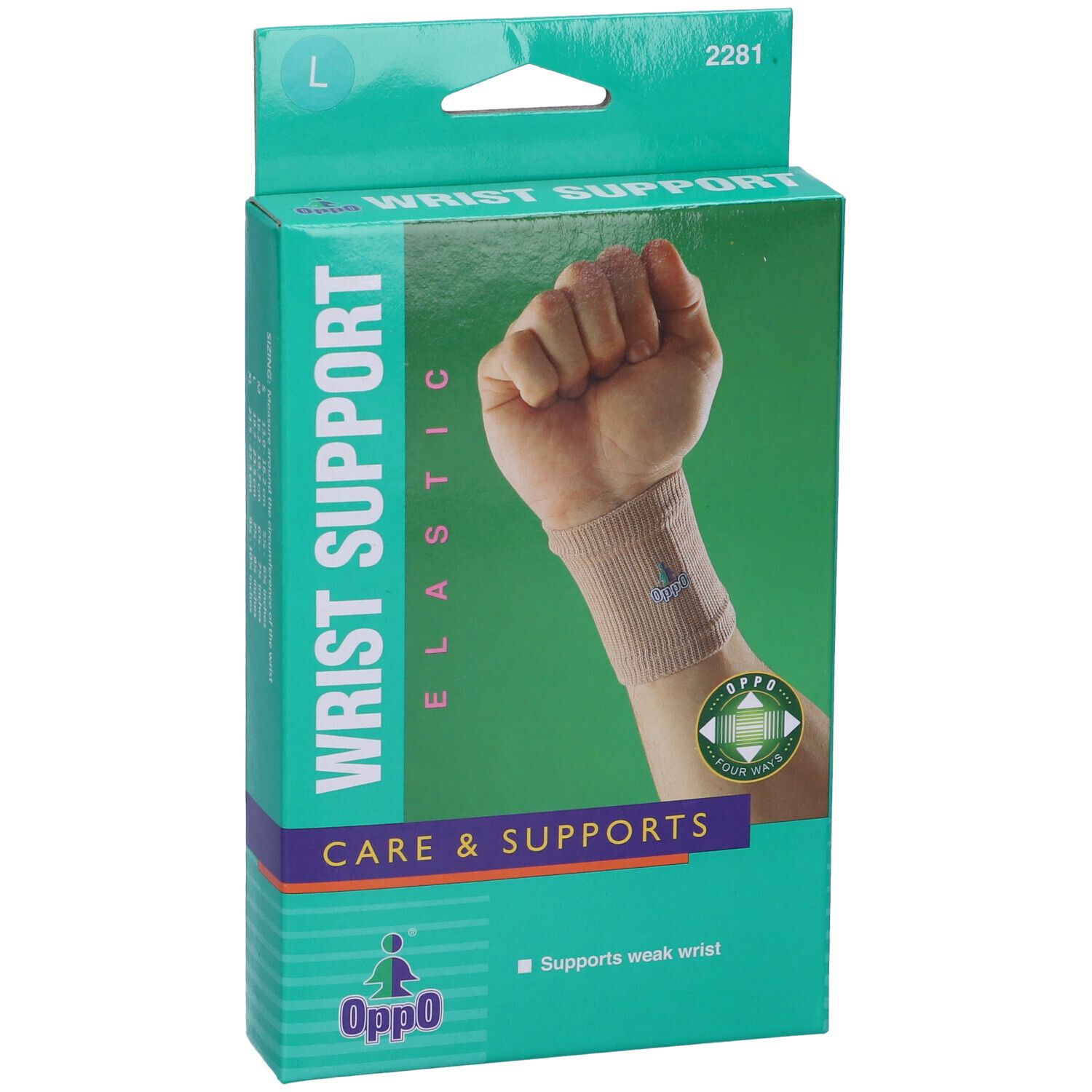 Confezione Oppo per supporto per polso. Scatola verde e bianca con immagine del prodotto. Scritta: WRIST SUPPORT ELASTIC.
