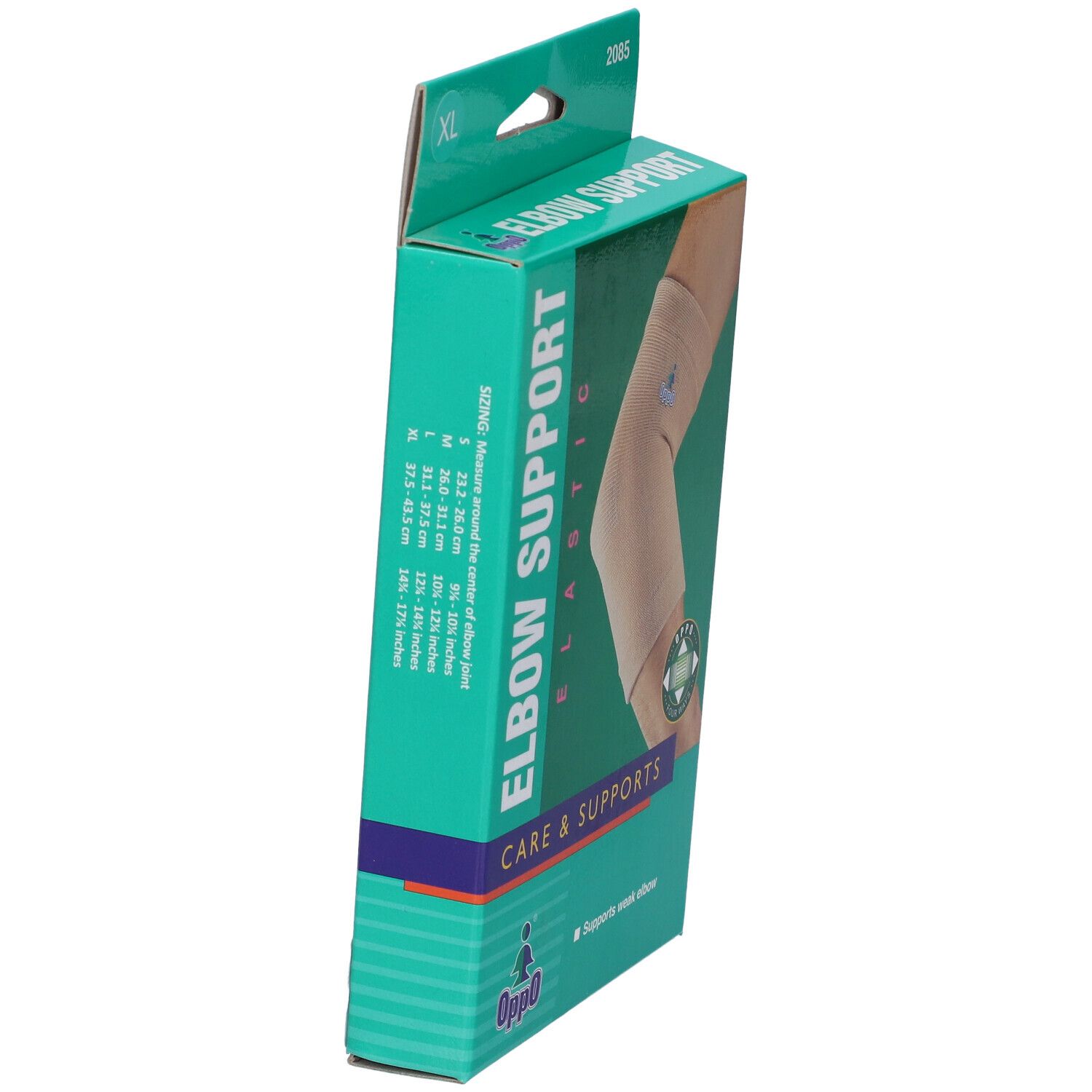 Supporto per gomito elastico Oppo XL, beige, lato della confezione con tabella delle taglie.