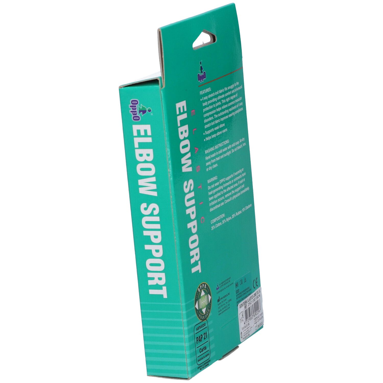 Supporto per gomito elastico Oppo XL, beige, vista angolare della confezione.