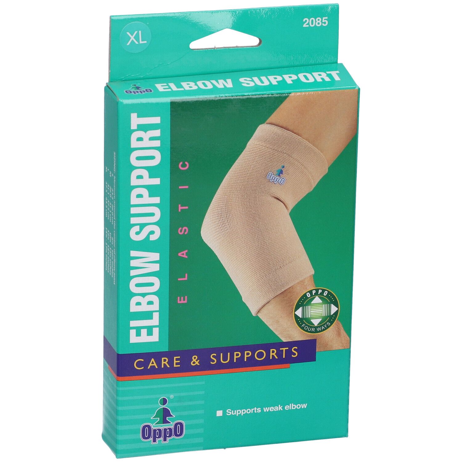 Supporto per gomito elastico Oppo XL, beige, con informazioni dettagliate sul prodotto sulla confezione.