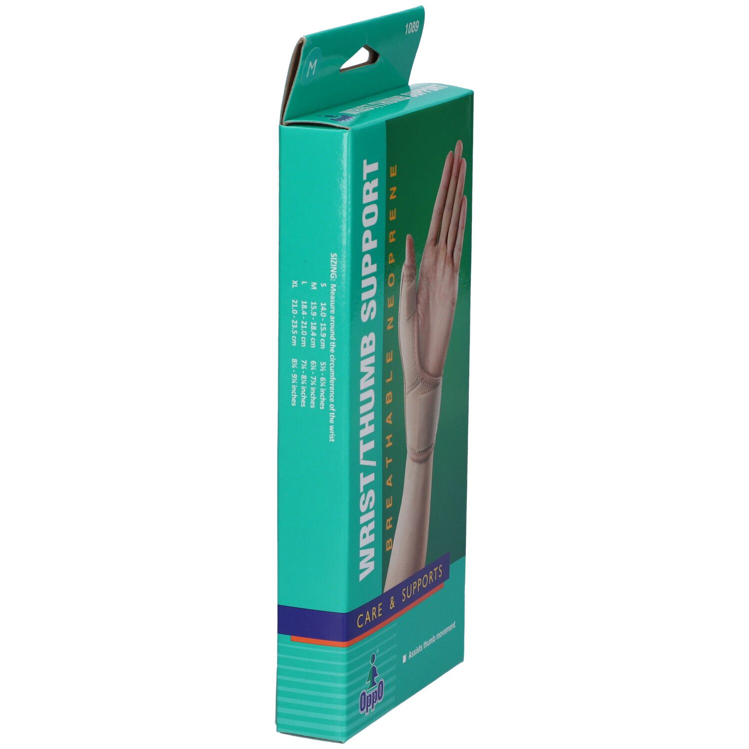 Vista laterale della confezione del supporto per polso/pollice. Scritta: Wrist/Thumb Support, neoprene traspirante. Marchio Oppo.