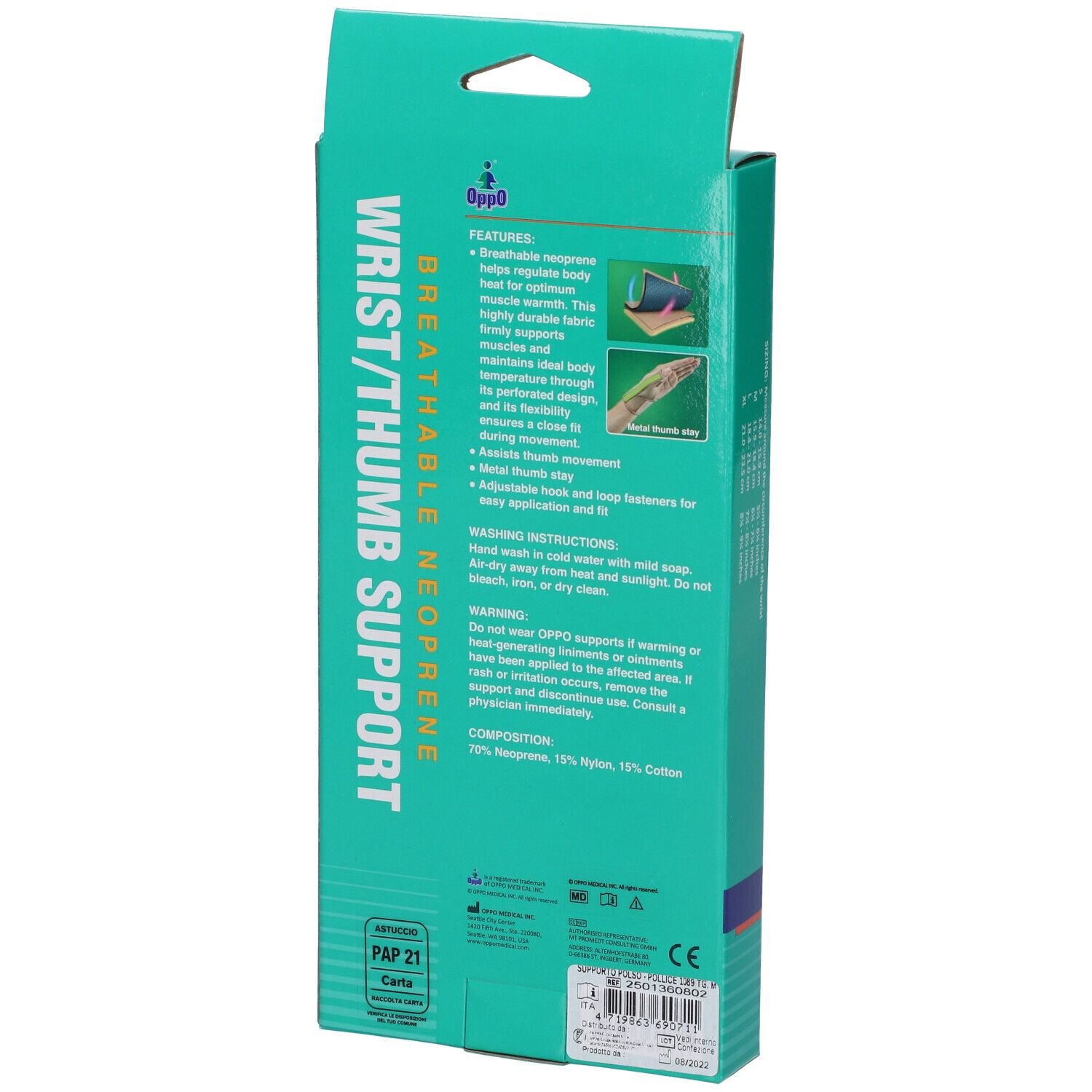 Retro della confezione del supporto per polso/pollice. Scritta: Wrist/Thumb Support, neoprene traspirante. Marchio Oppo. Informazioni.