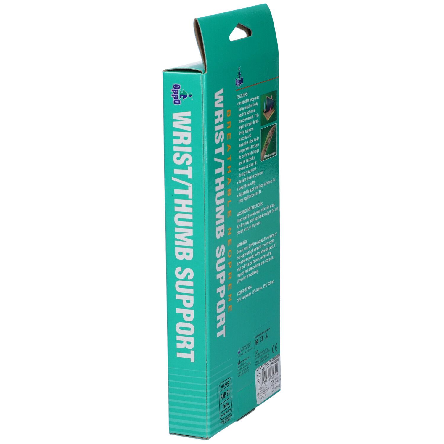 Vista laterale della confezione del supporto per polso/pollice. Scritta: Wrist/Thumb Support, neoprene traspirante. Marchio Oppo.