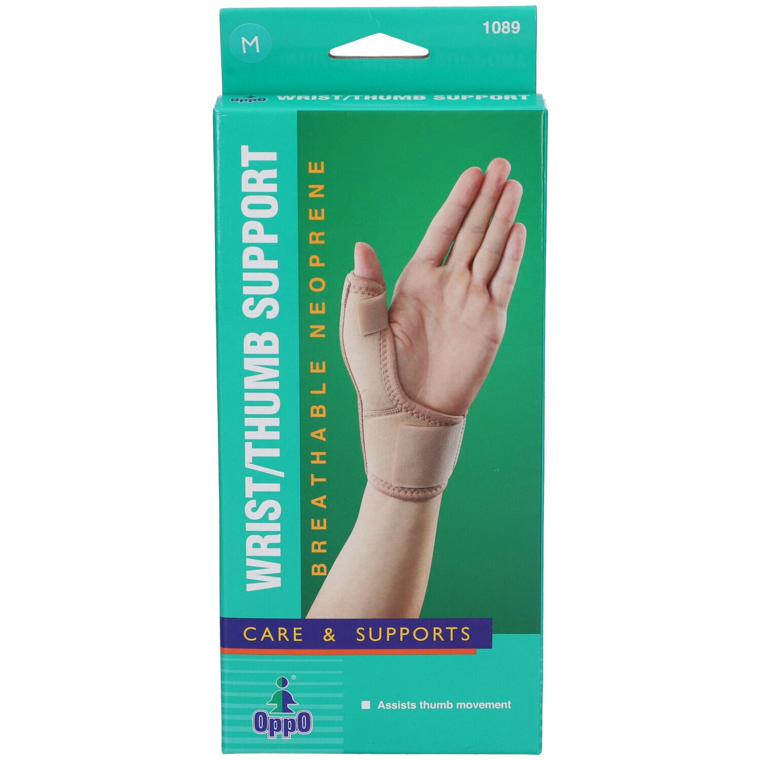 Vista frontale della confezione del supporto per polso/pollice. Scritta: Wrist/Thumb Support, neoprene traspirante. Marchio Oppo. Taglia M.