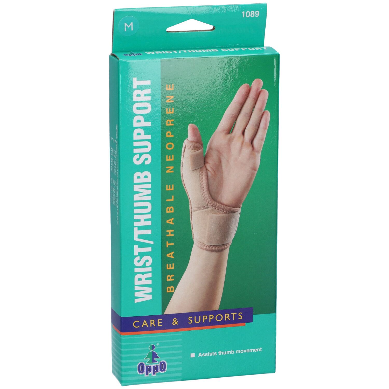 Vista frontale della confezione del supporto per polso/pollice. Scritta: Wrist/Thumb Support, neoprene traspirante. Marchio Oppo. Taglia M.