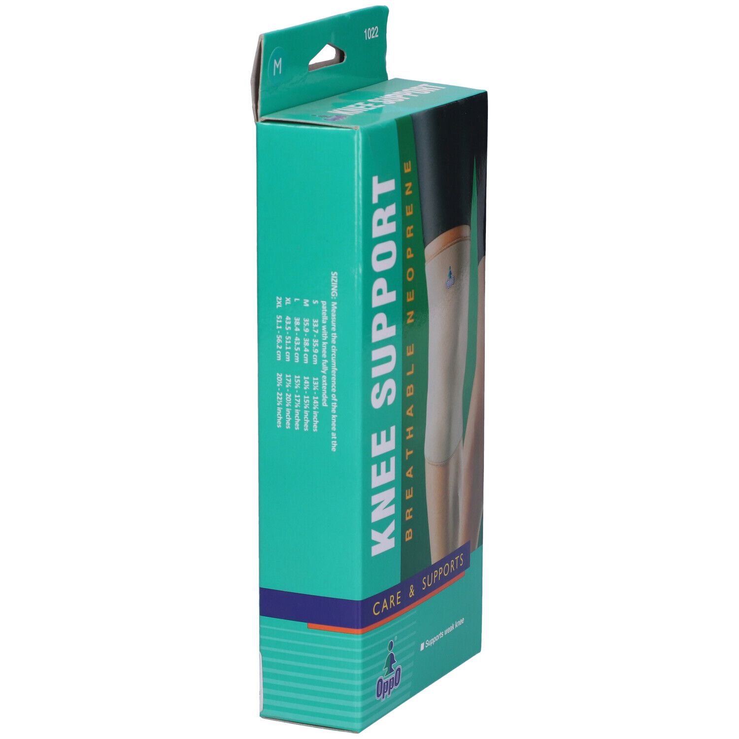 Confezione ginocchiera Oppo, vista laterale. Scatola verde e bianca con indicazioni taglie. Scritta: KNEE SUPPORT, BREATHABLE NEOPRENE, Oppo.