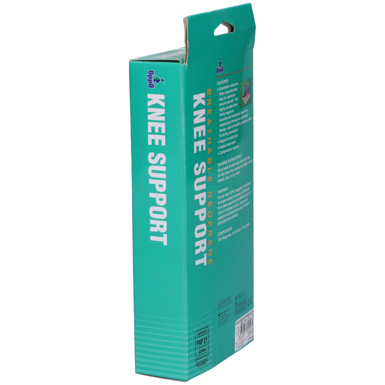 Confezione ginocchiera Oppo, vista laterale. Scatola verde e bianca con informazioni sul prodotto. Scritta: KNEE SUPPORT, BREATHABLE NEOPRENE, Oppo.