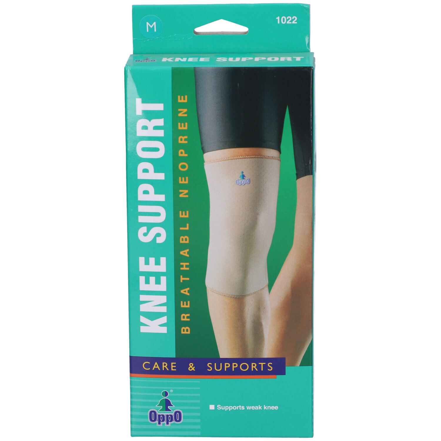 Ginocchiera Oppo in confezione. Scatola verde e bianca con immagine del prodotto. Scritta: KNEE SUPPORT, BREATHABLE NEOPRENE, Oppo.