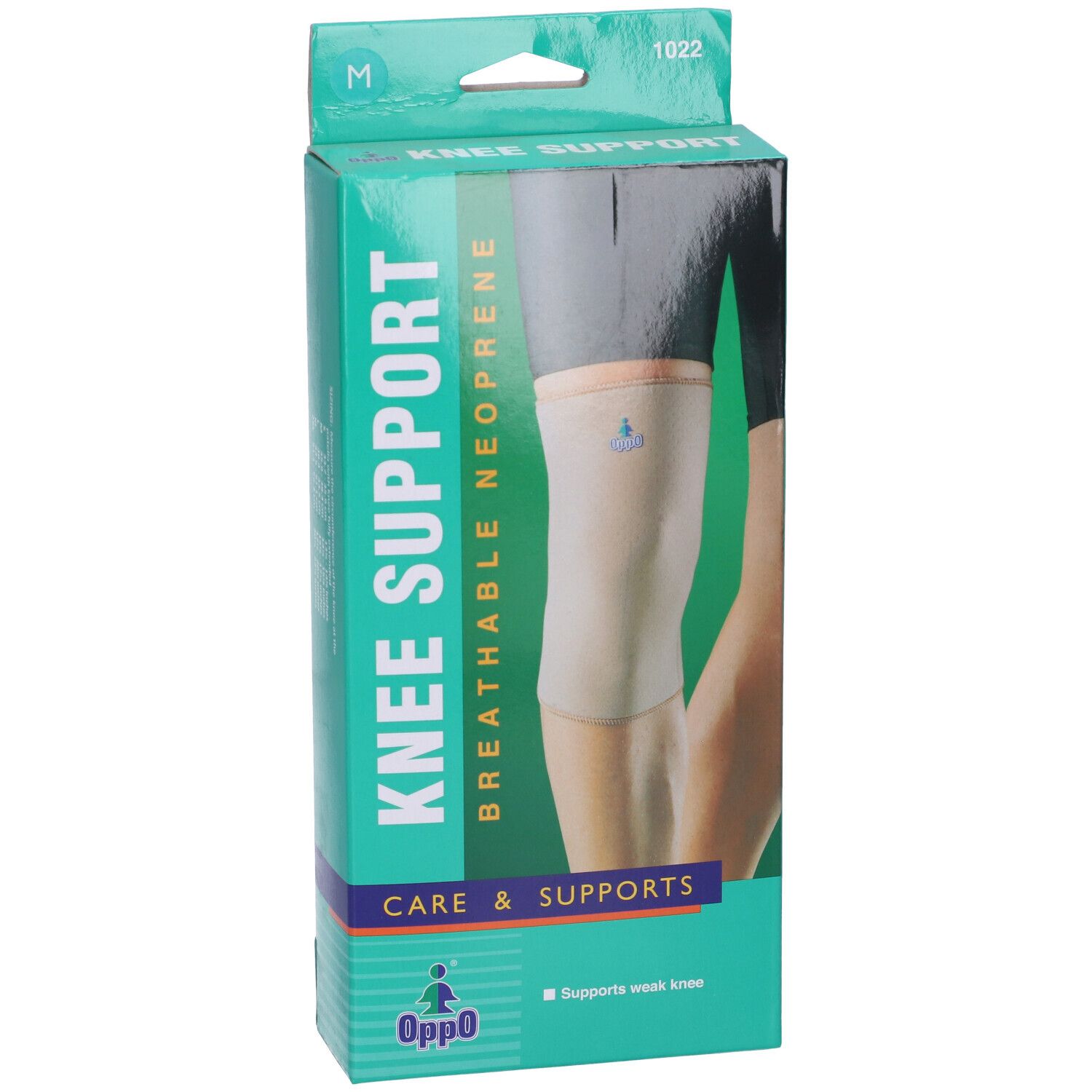 Ginocchiera Oppo in confezione. Scatola verde e bianca con immagine del prodotto. Scritta: KNEE SUPPORT, BREATHABLE NEOPRENE, Oppo.