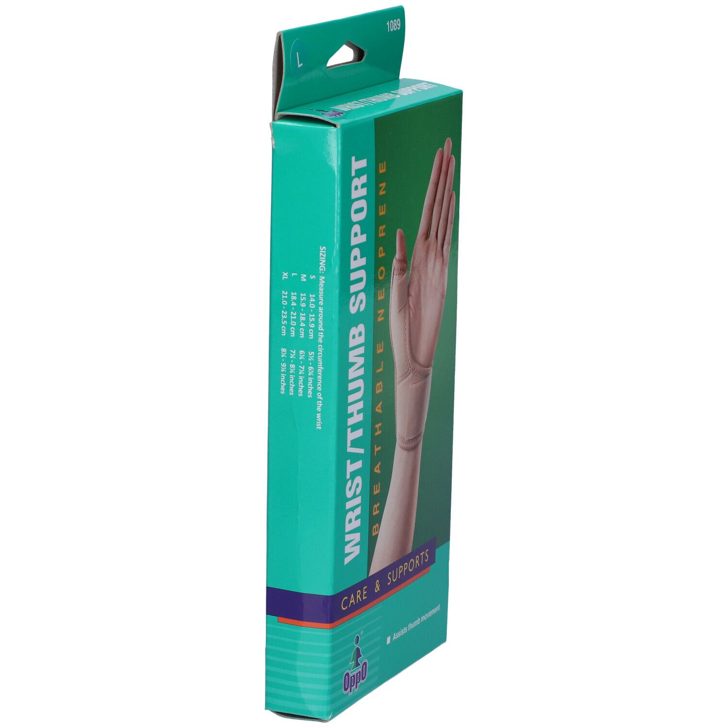 Supporto polso/pollice Oppo, vista laterale della confezione. Scatola verde e bianca. Testo: Wrist/Thumb Support, Care & Supports, taglie.