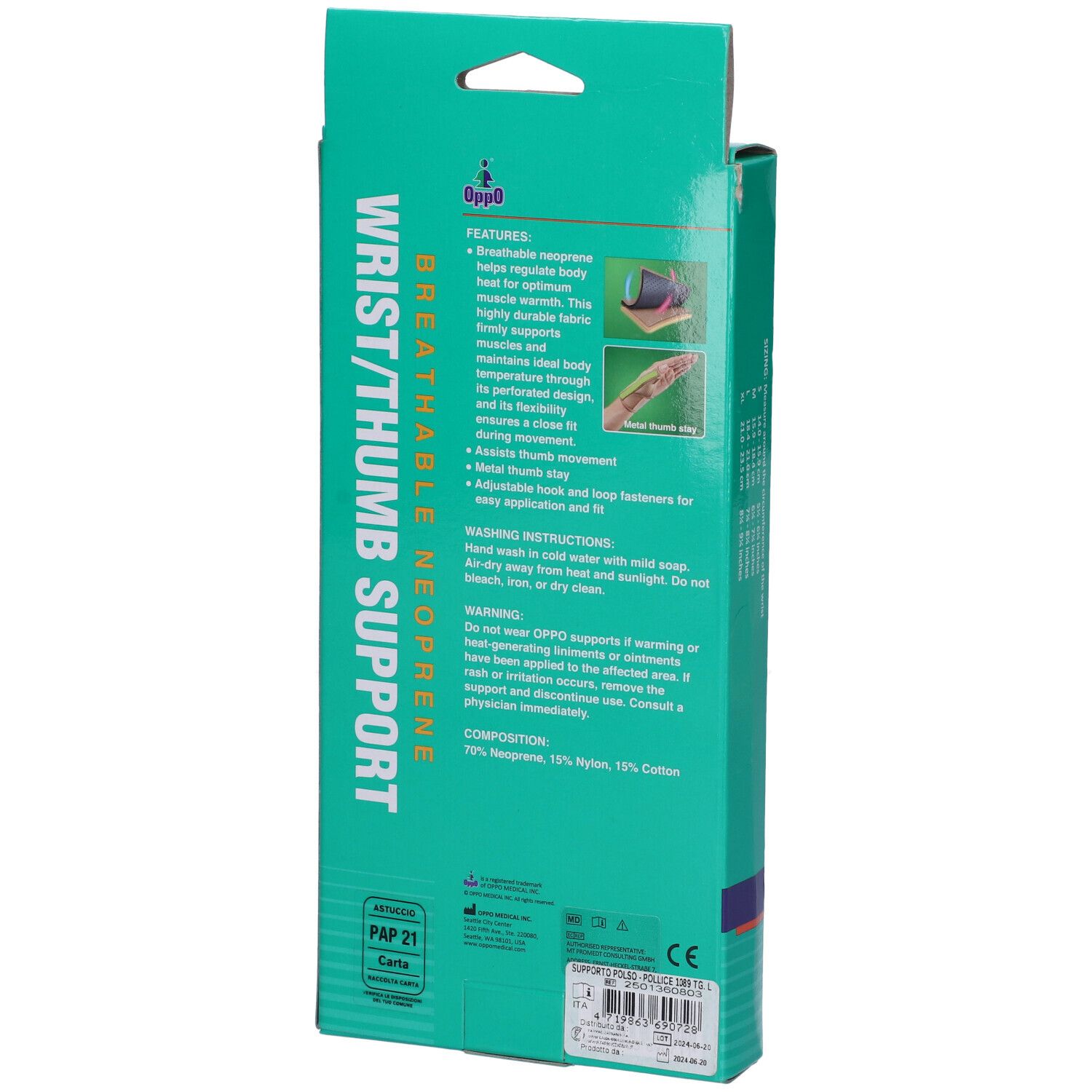 Retro della confezione del supporto polso/pollice Oppo. Verde. Testo: Wrist/Thumb Support, caratteristiche, istruzioni di lavaggio, composizione.