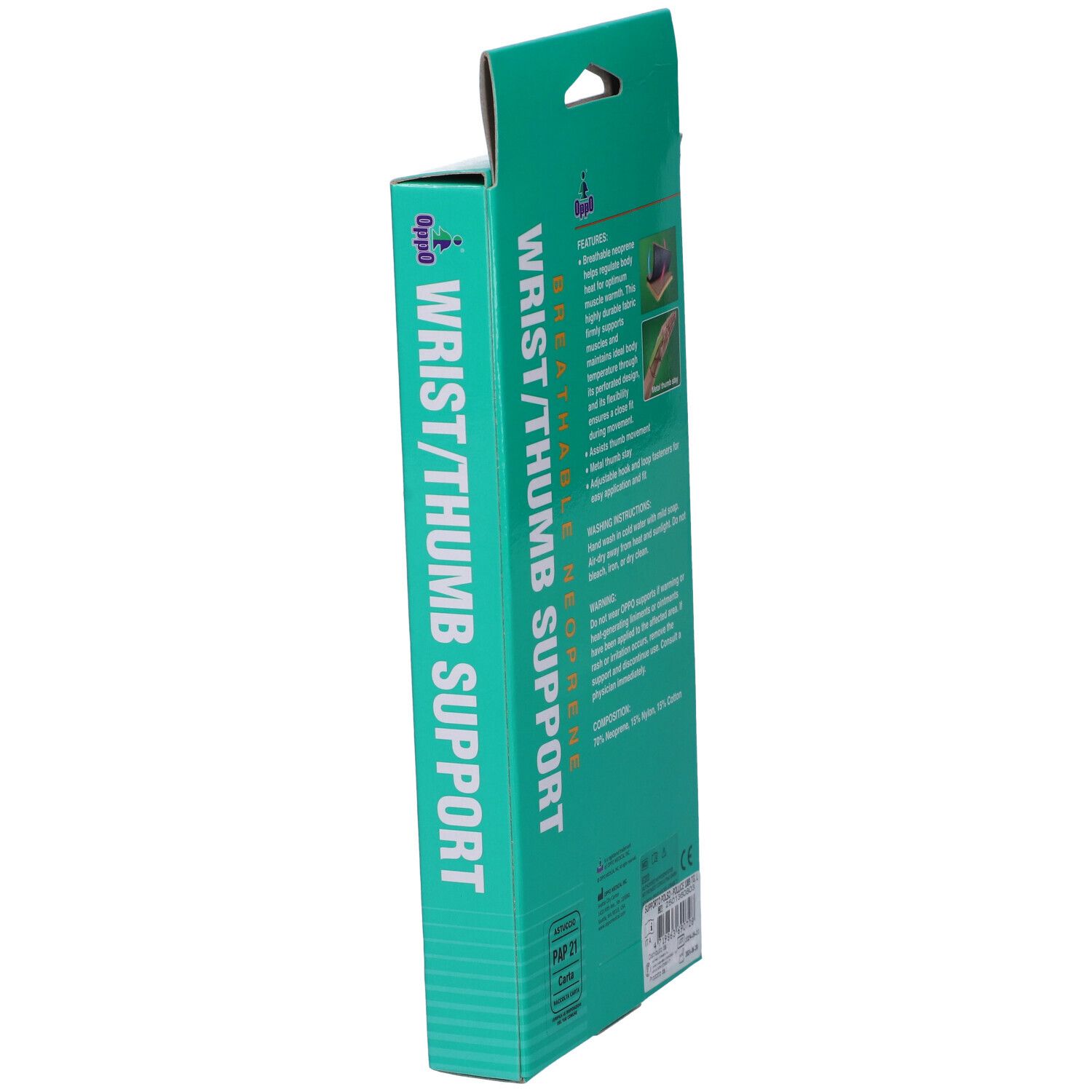 Supporto polso/pollice Oppo, vista laterale della confezione. Verde. Testo: Wrist/Thumb Support, marchio Oppo, taglie.
