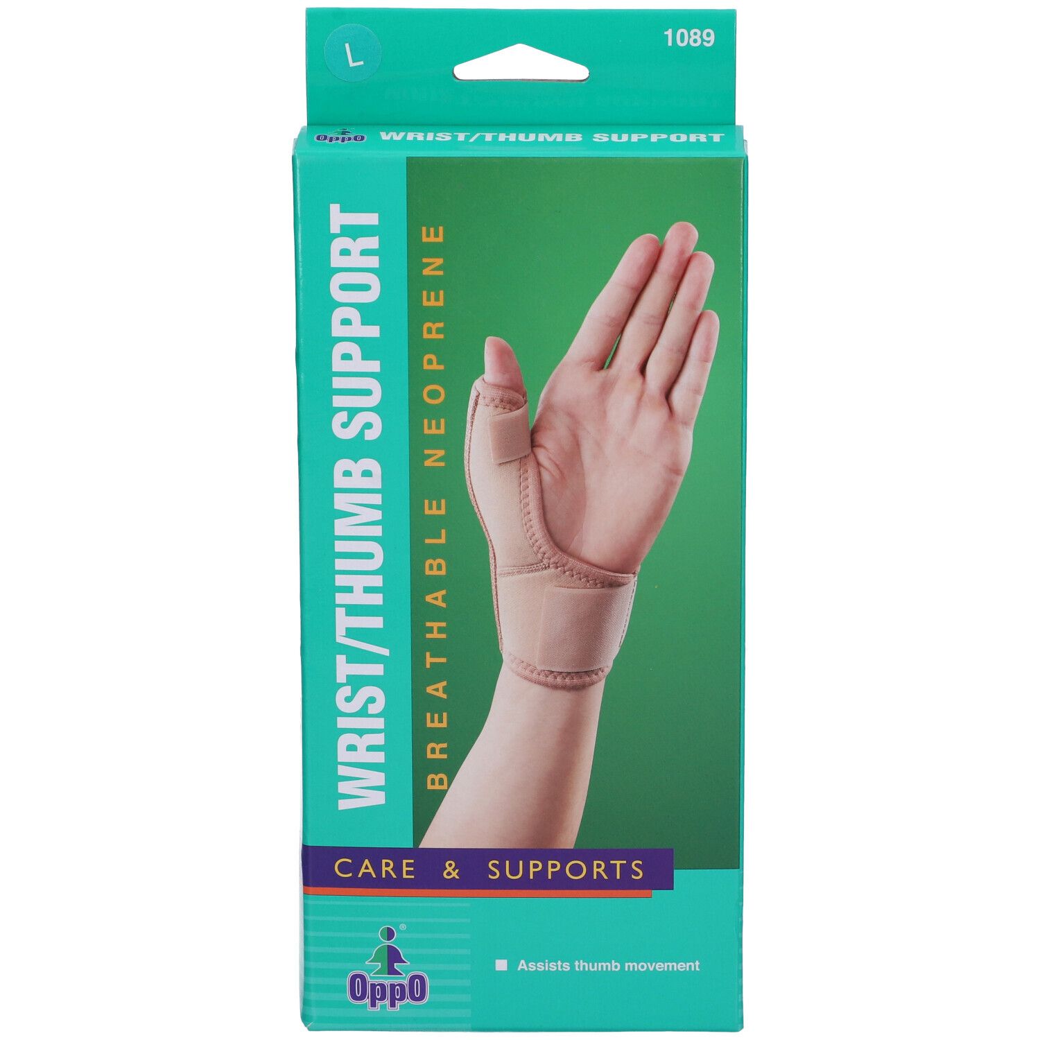 Supporto polso/pollice Oppo in confezione. Scatola verde e bianca con immagine del prodotto. Testo: Wrist/Thumb Support, Care & Supports.