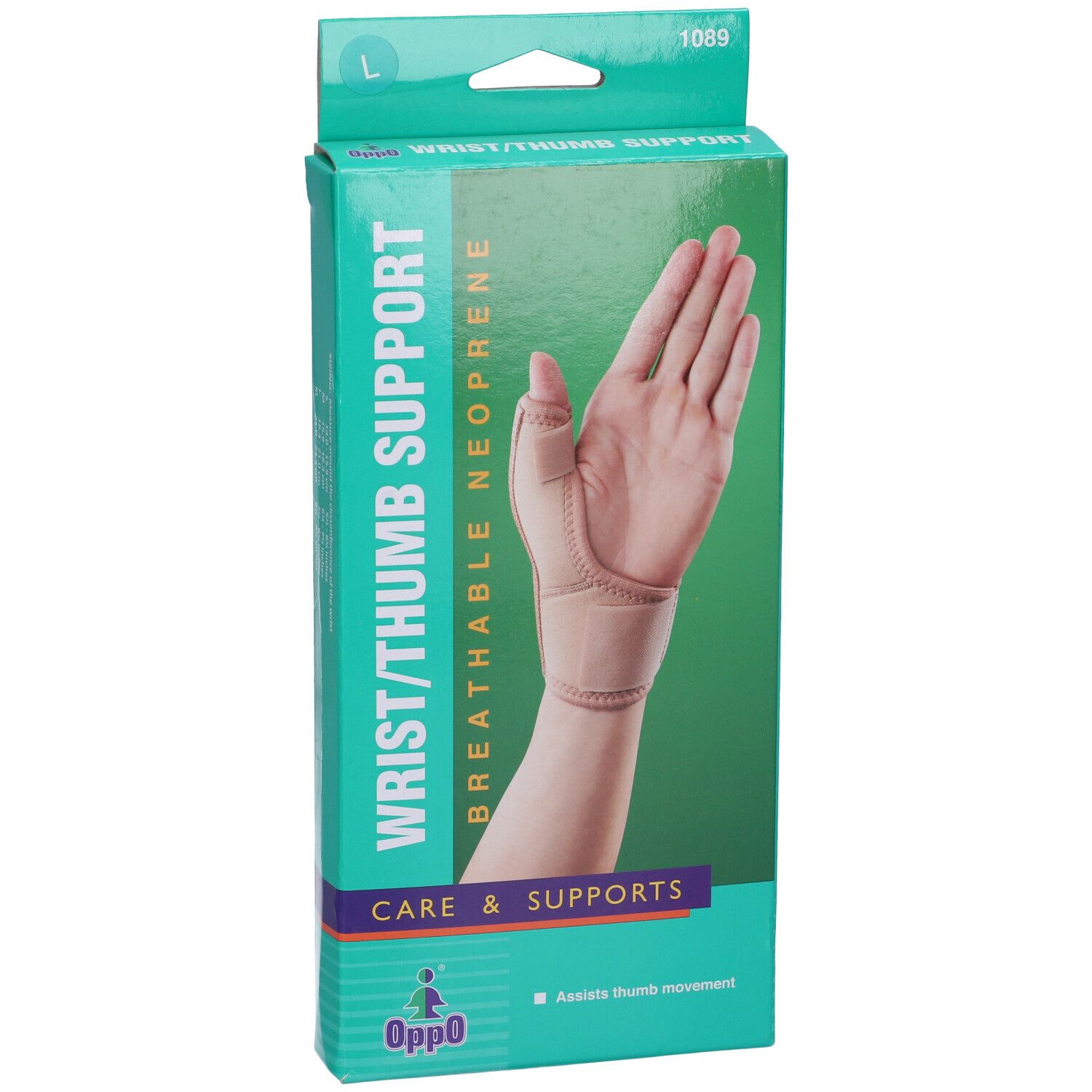 Supporto polso/pollice Oppo in confezione. Scatola verde e bianca con immagine del prodotto. Testo: Wrist/Thumb Support, Care & Supports.
