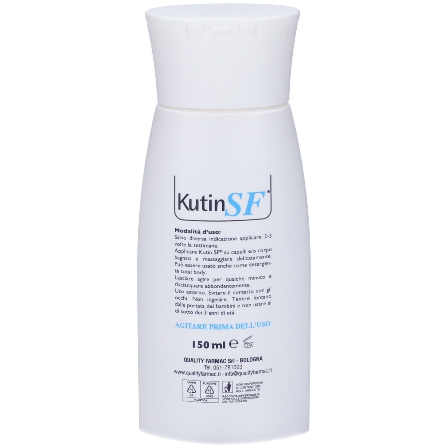 Retro del flacone bianco. Scritta: Kutin SF, 150 ml, istruzioni per l'uso, ingredienti, marchio di qualità.