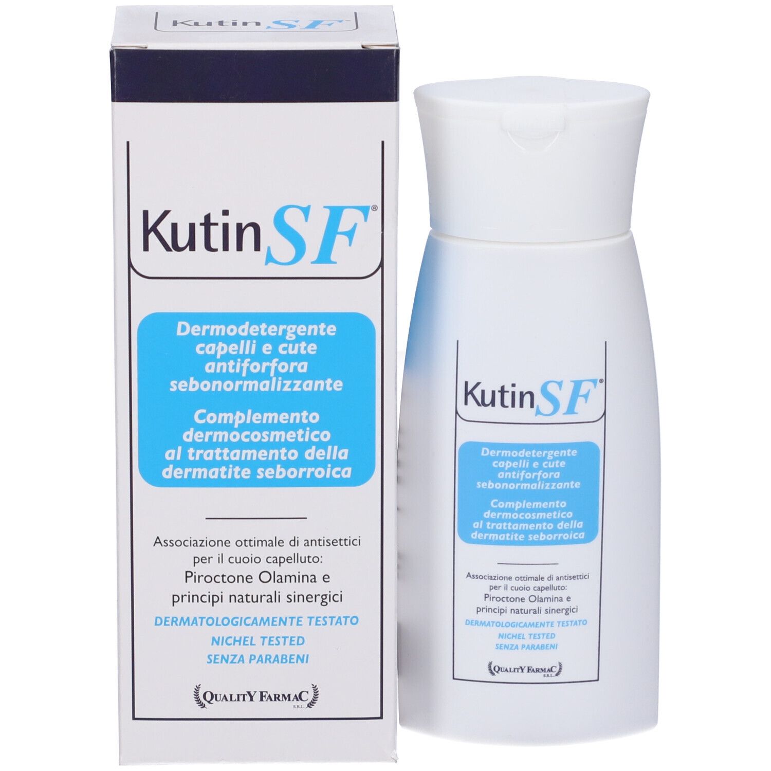 Confezione del prodotto con flacone. Scatola e flacone con scritta: Kutin SF, Dermodetergente, capelli e cute antiforfora sebonormalizzante.
