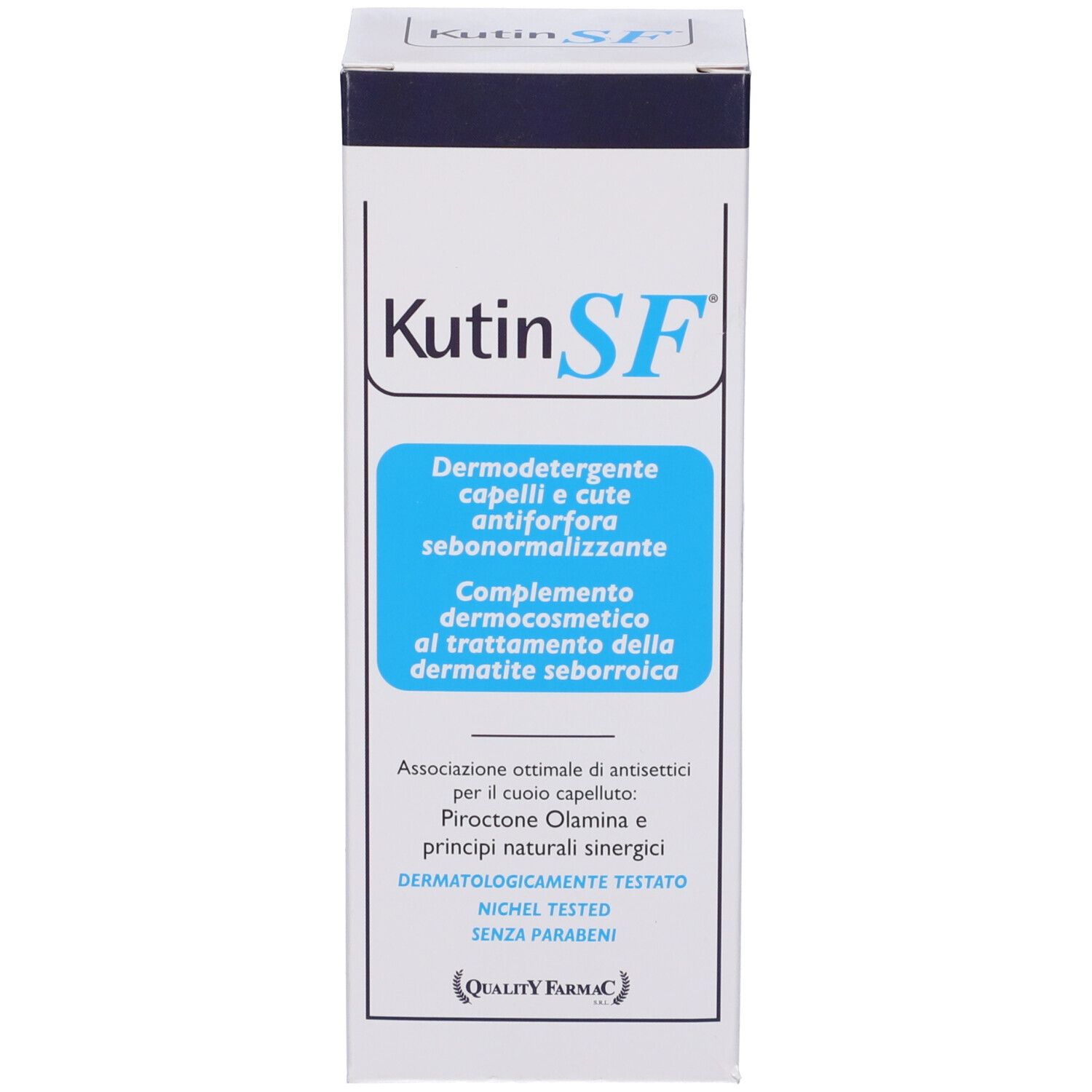 Confezione in cartone. Scritta: Kutin SF, Dermodetergente, capelli e cute antiforfora sebonormalizzante. Marchio di qualità.