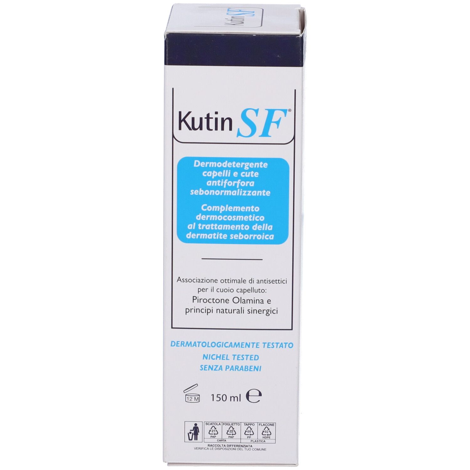 Confezione in cartone. Scritta: Kutin SF, Dermodetergente, capelli e cute antiforfora sebonormalizzante. 150 ml.