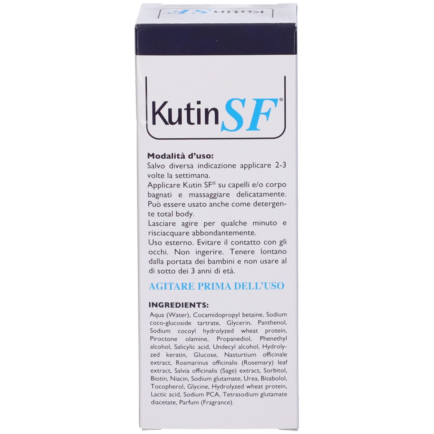 Confezione in cartone. Scritta: Kutin SF, istruzioni per l'uso, ingredienti. 150 ml. Pittogrammi.