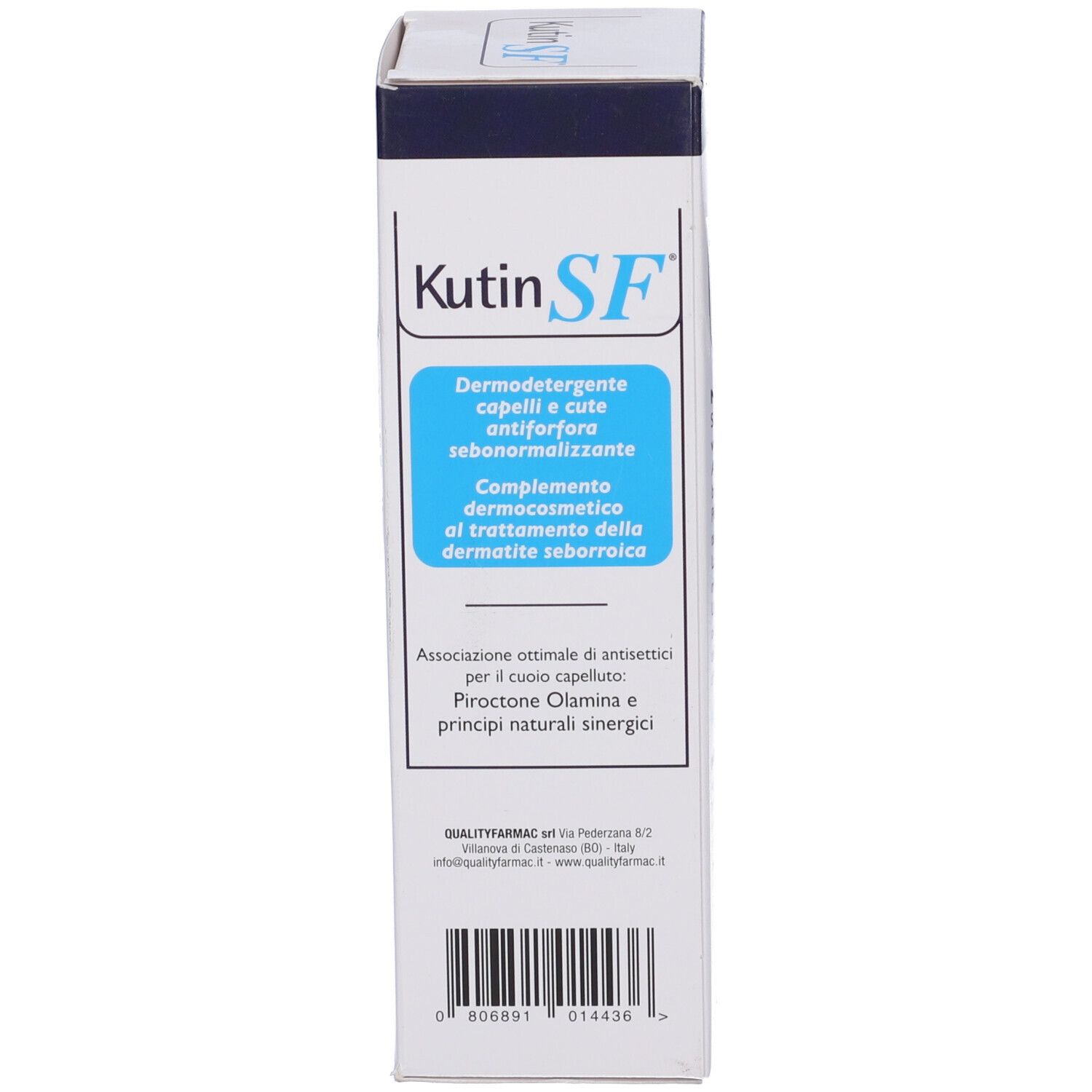 Confezione in cartone. Scritta: Kutin SF, Dermodetergente, capelli e cute antiforfora sebonormalizzante. Marchio di qualità.