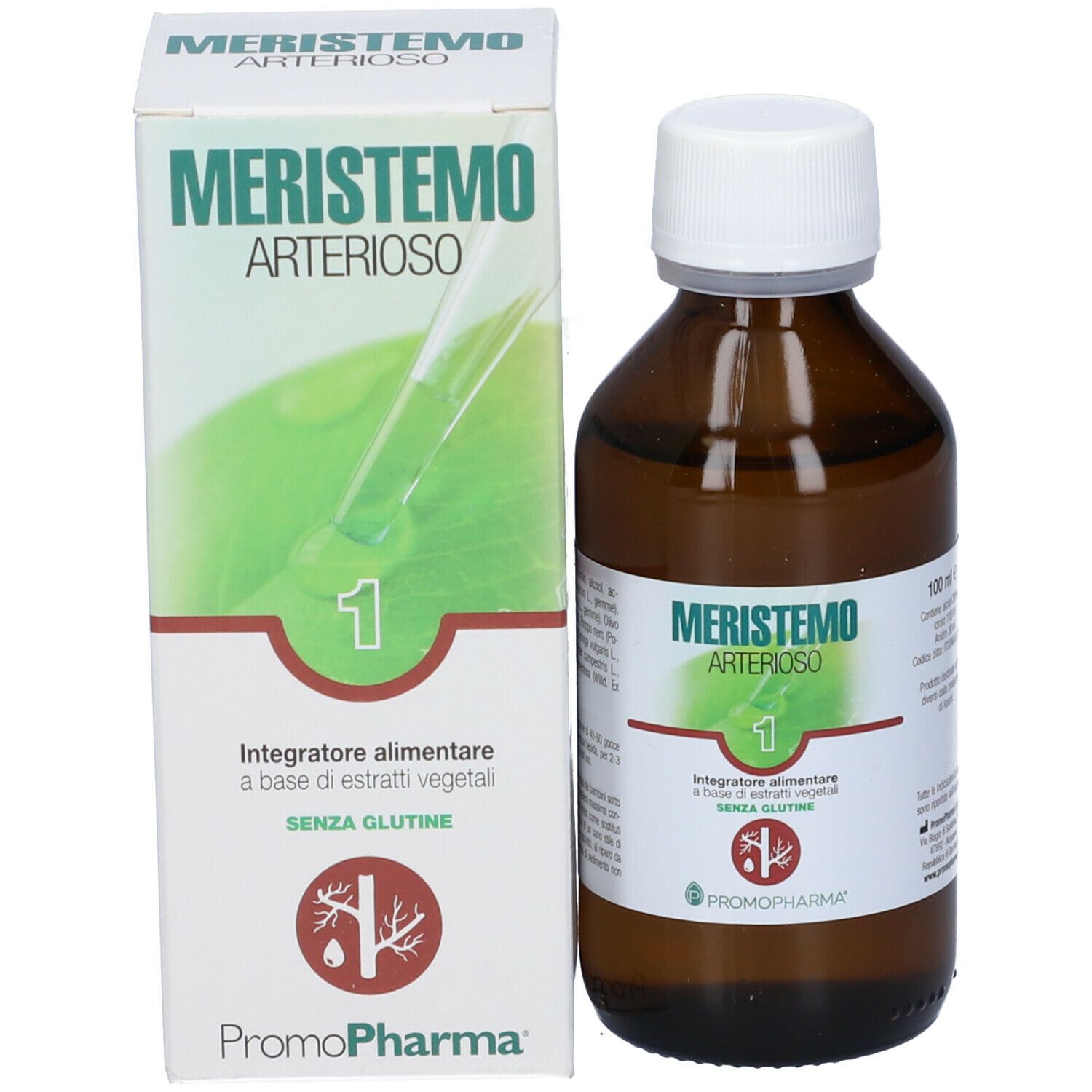 Flacone in vetro marrone con tappo bianco ed etichetta, accanto a una confezione del prodotto. Entrambi mostrano il nome.