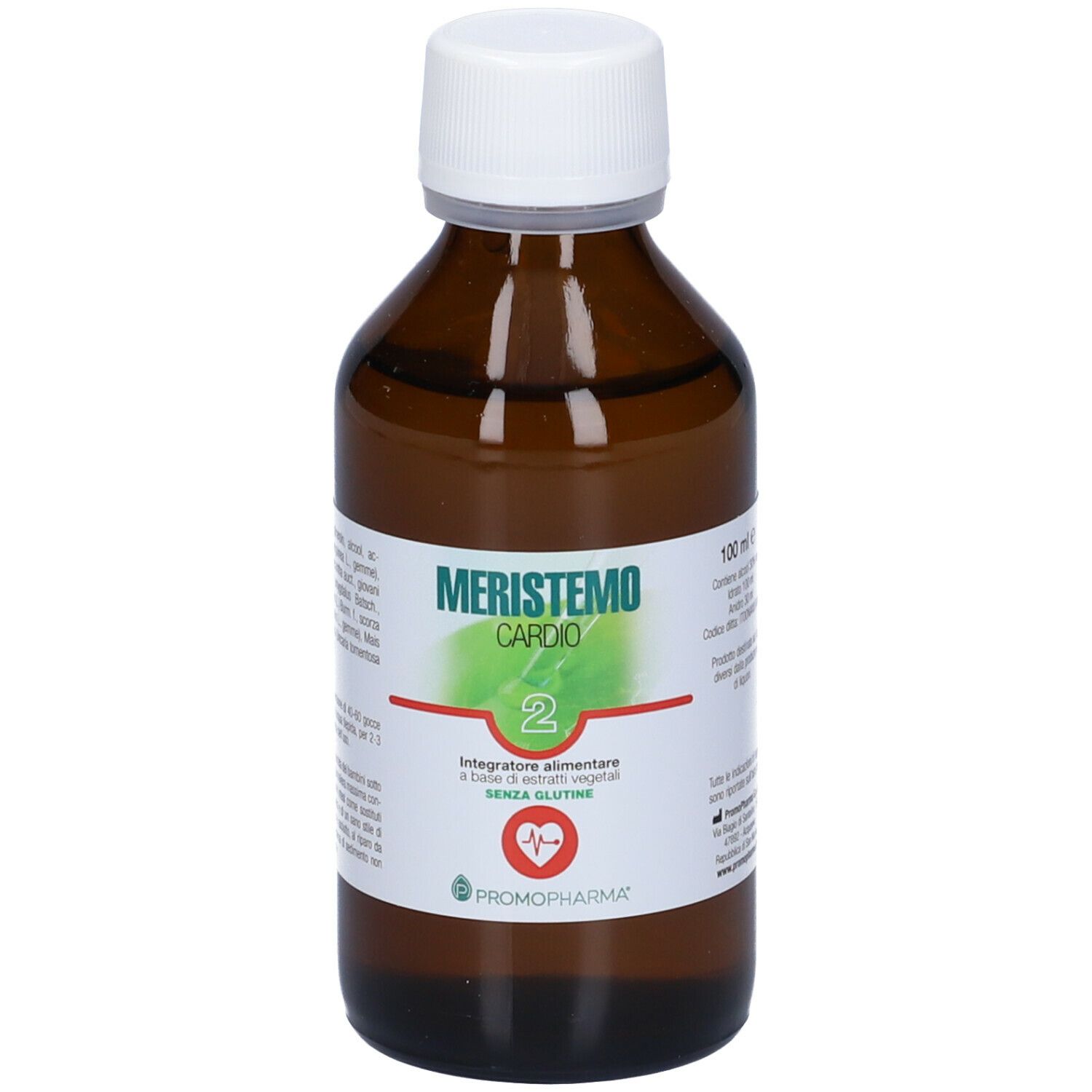 Flacone di vetro marrone con tappo bianco ed etichetta. L'etichetta riporta "Meristemo Cardio 2".