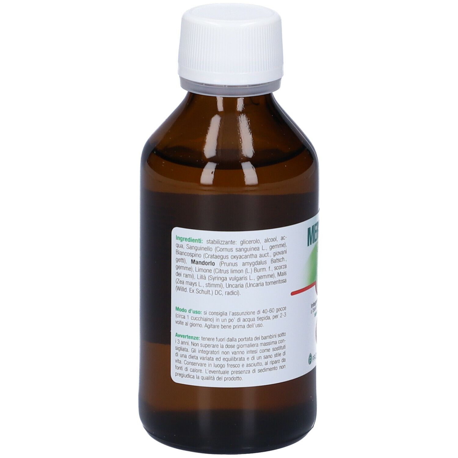 Flacone di vetro marrone con tappo bianco. Retro con ingredienti e istruzioni per l'uso.