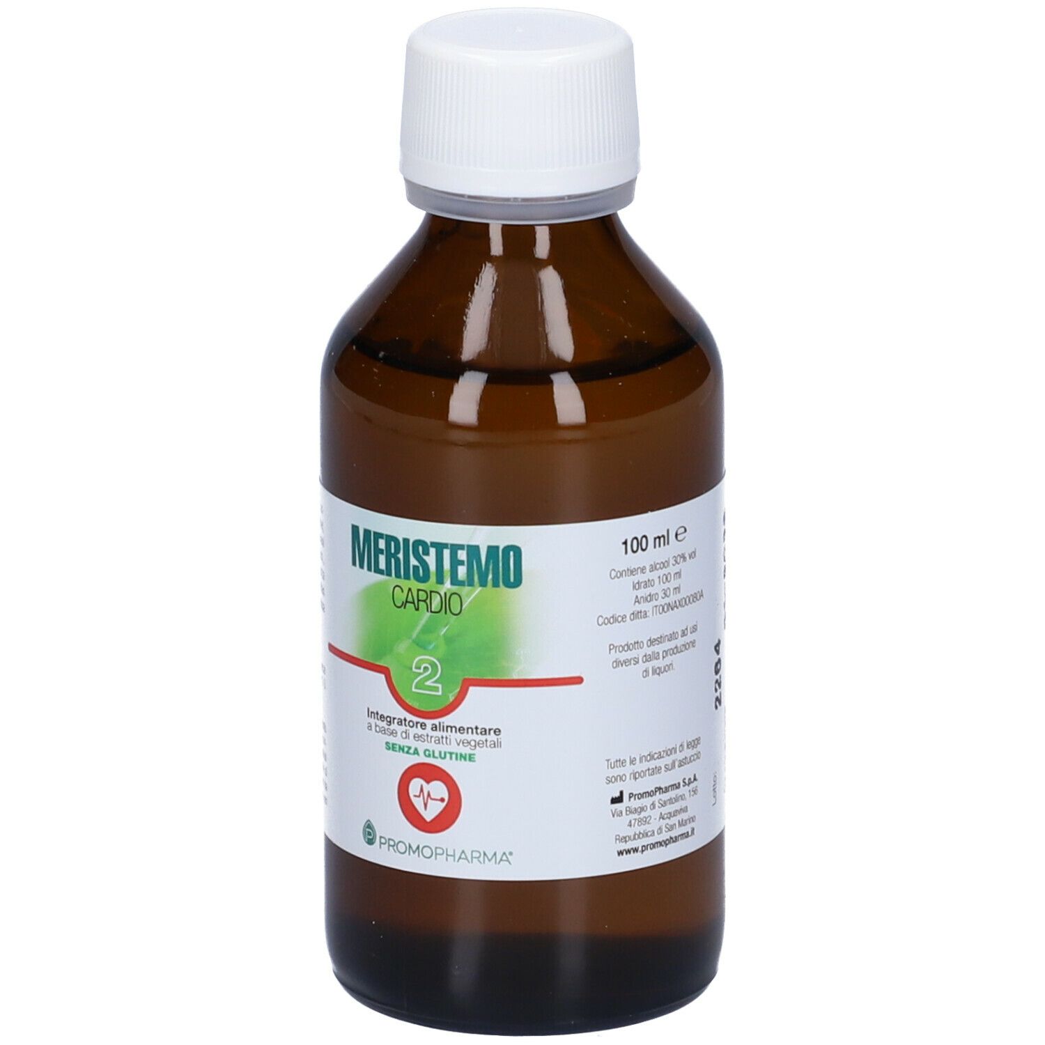 Flacone di vetro marrone con tappo bianco ed etichetta. L'etichetta riporta "Meristemo Cardio 2".