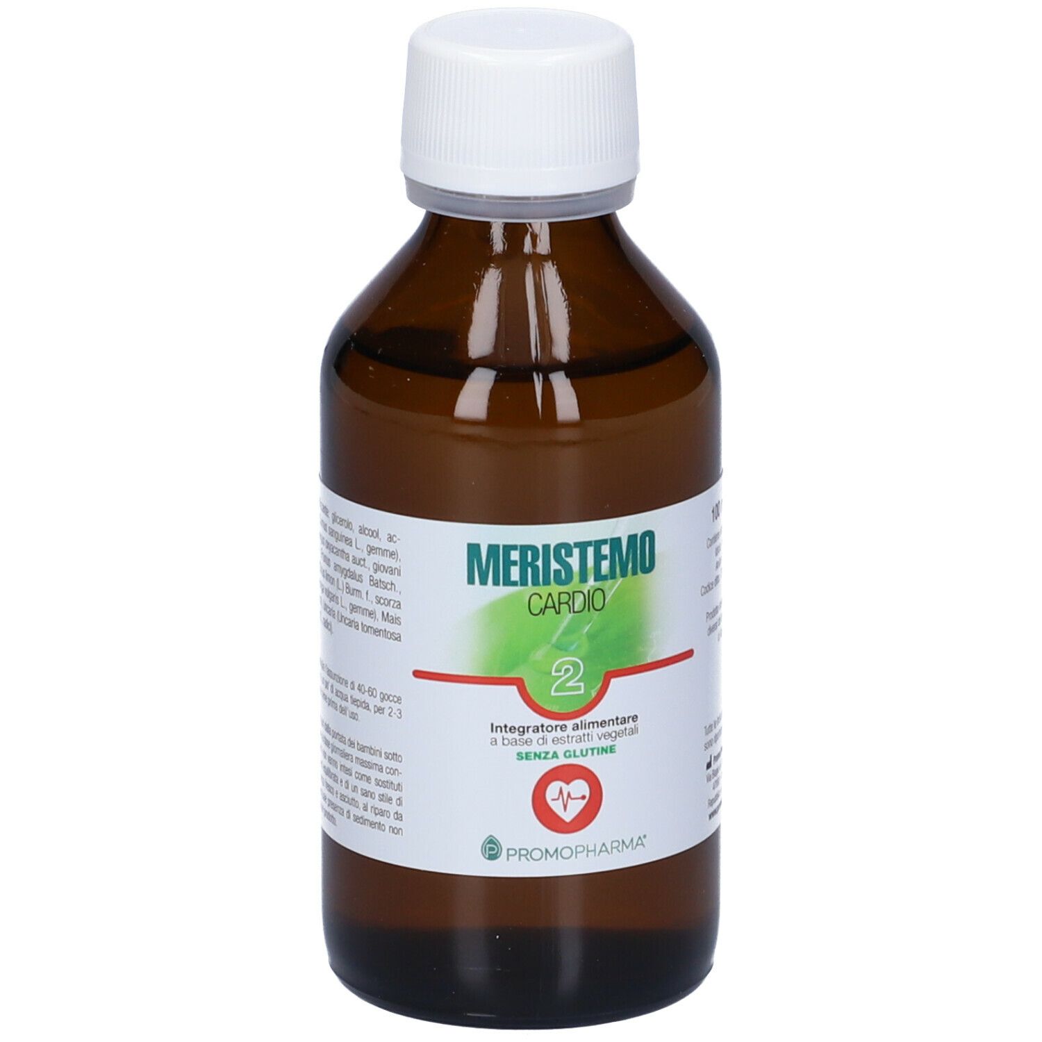 Flacone di vetro marrone con tappo bianco ed etichetta. L'etichetta riporta "Meristemo Cardio 2".