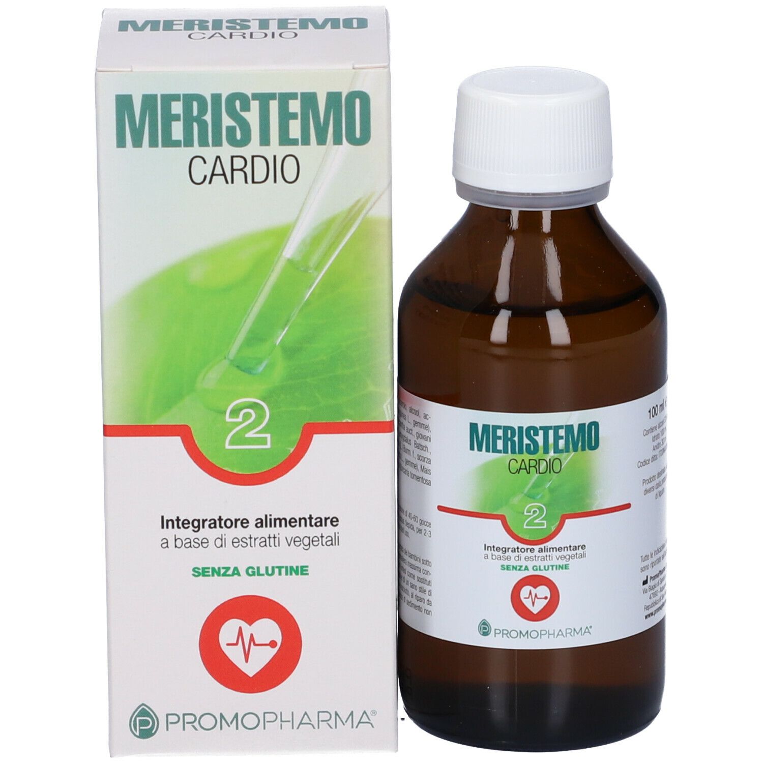 Flacone di vetro marrone con tappo bianco ed etichetta. Accanto, una scatola con informazioni.