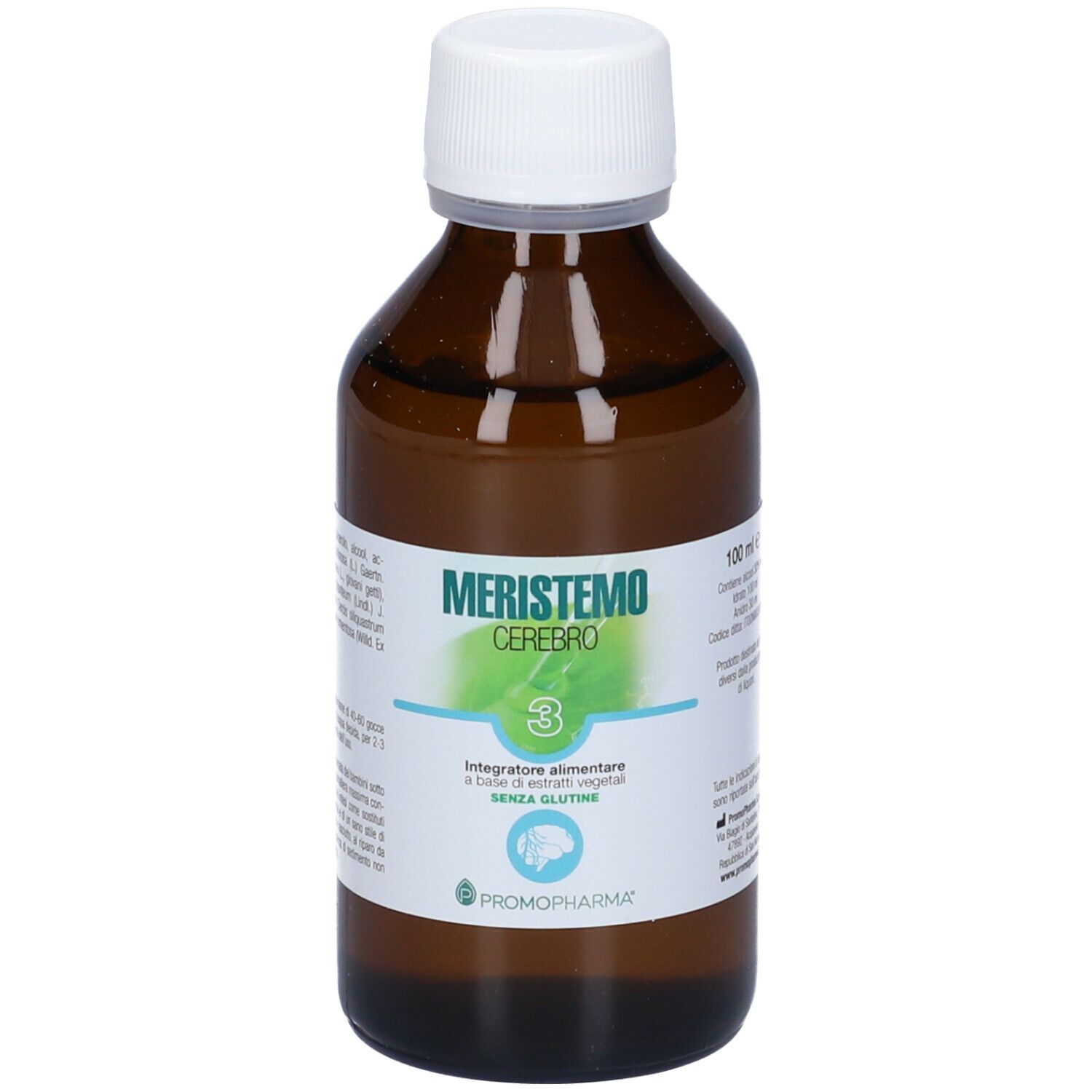 Flacone in vetro marrone con tappo bianco. Etichetta con nome prodotto ed elementi verdi. Testo: Integratore alimentare.