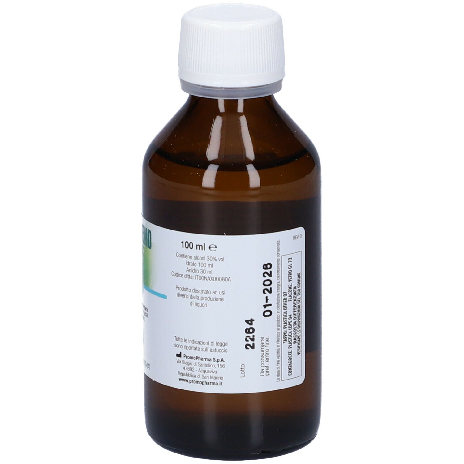 Flacone in vetro marrone con tappo bianco. Etichetta con testo. Testo: 100 ml, Ingredienti, Modo d'uso, Avvertenze.