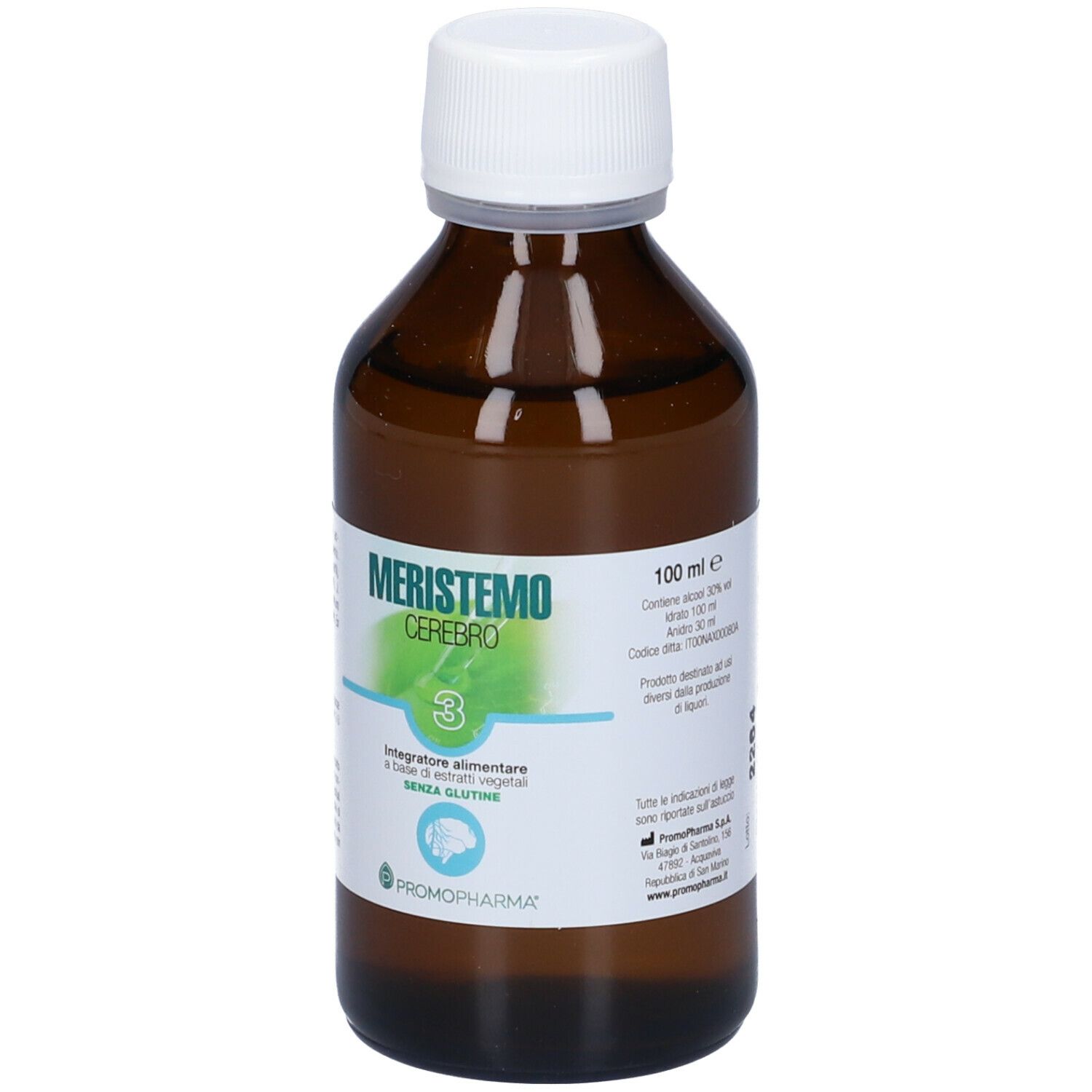 Flacone in vetro marrone con tappo bianco. Etichetta con nome prodotto ed elementi verdi. Testo: 100 ml, Integratore alimentare.
