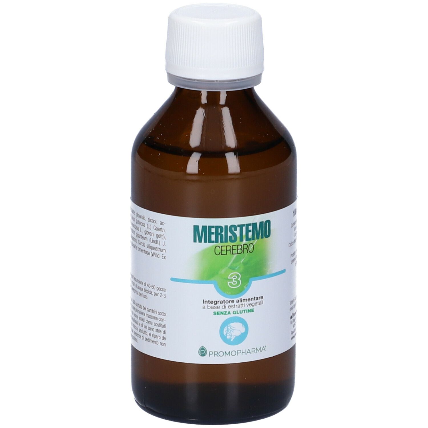 Flacone in vetro marrone con tappo bianco. Etichetta con nome prodotto ed elementi verdi. Testo: Integratore alimentare.