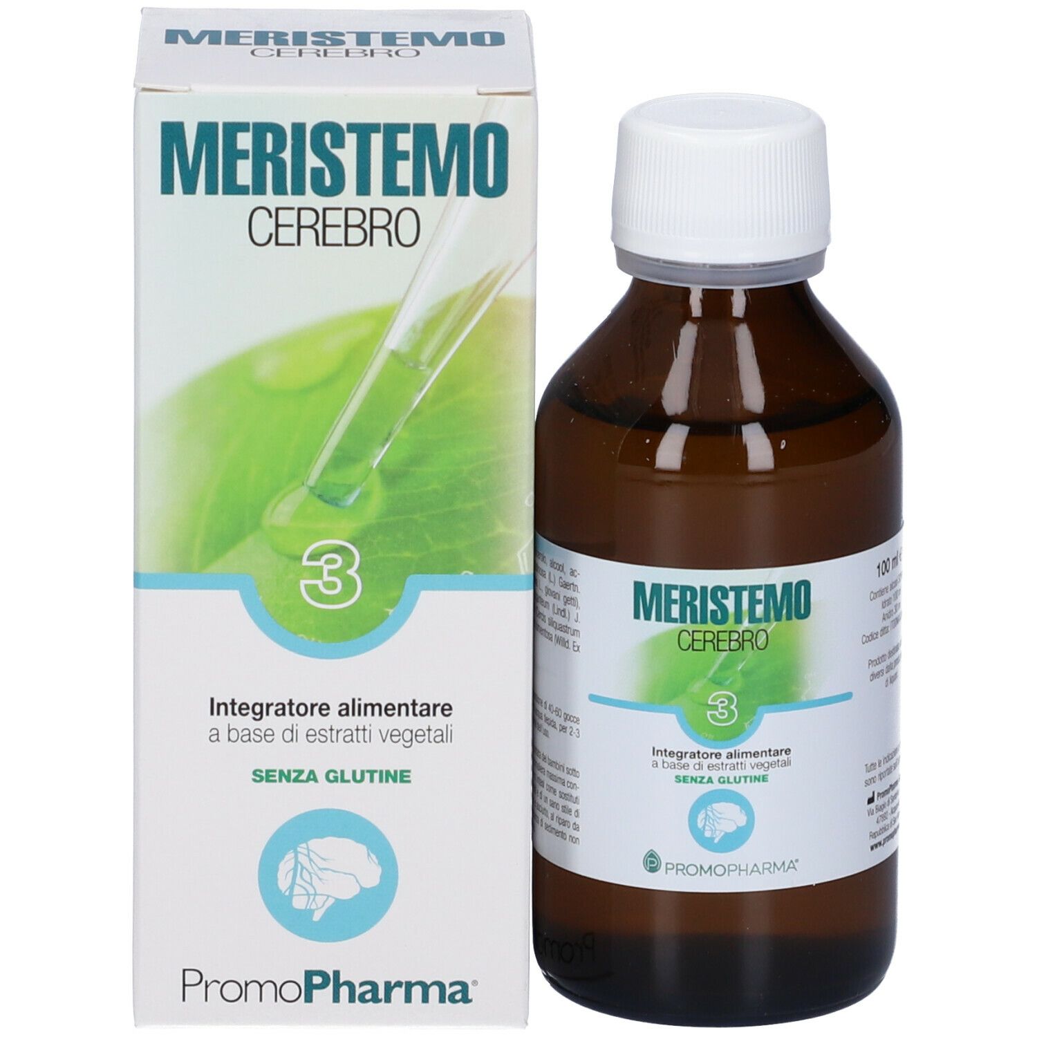 Flacone in vetro marrone e scatola. Flacone con tappo bianco. Scatola con nome prodotto ed elementi verdi. Testo: Integratore alimentare.