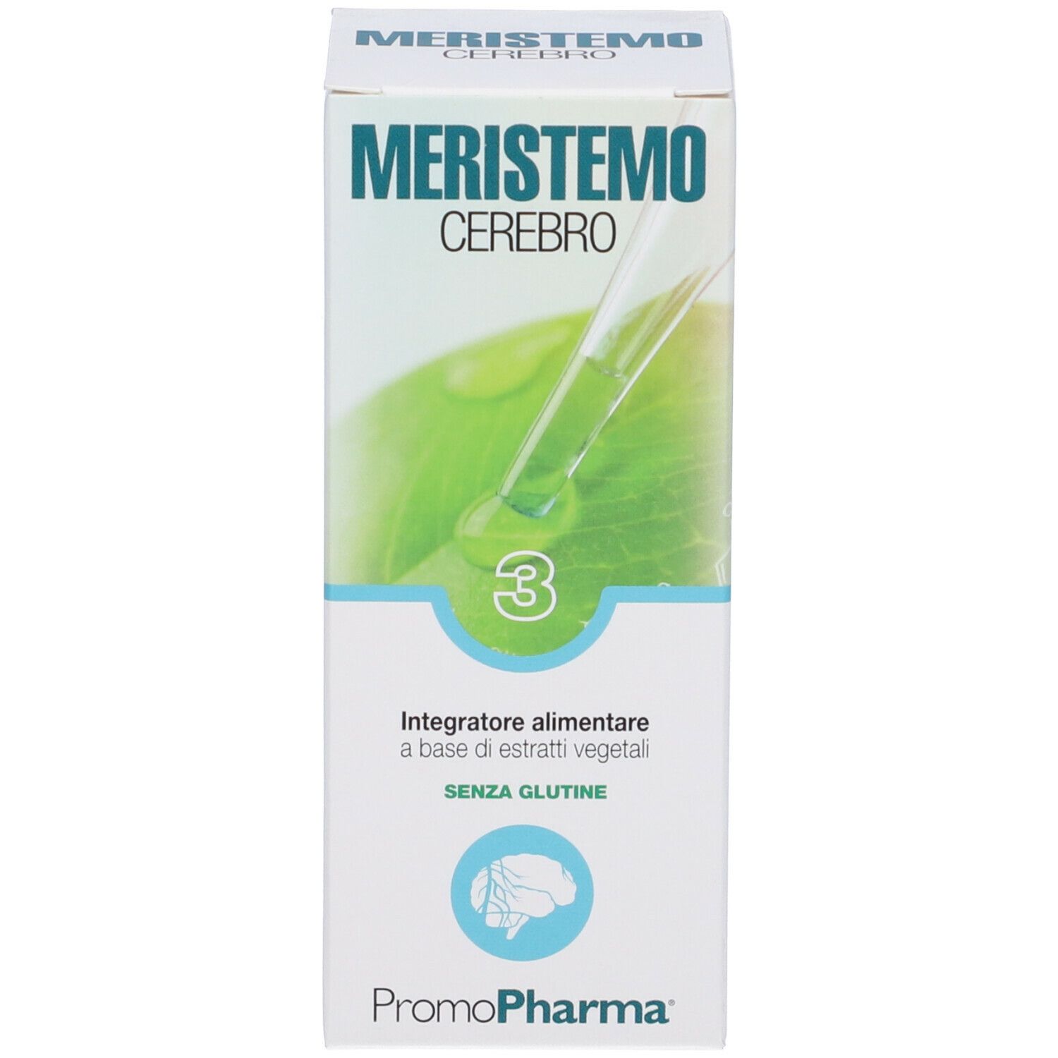 Scatola bianca con nome prodotto e foglie verdi. Pipetta con liquido verde. Testo: Integratore alimentare.