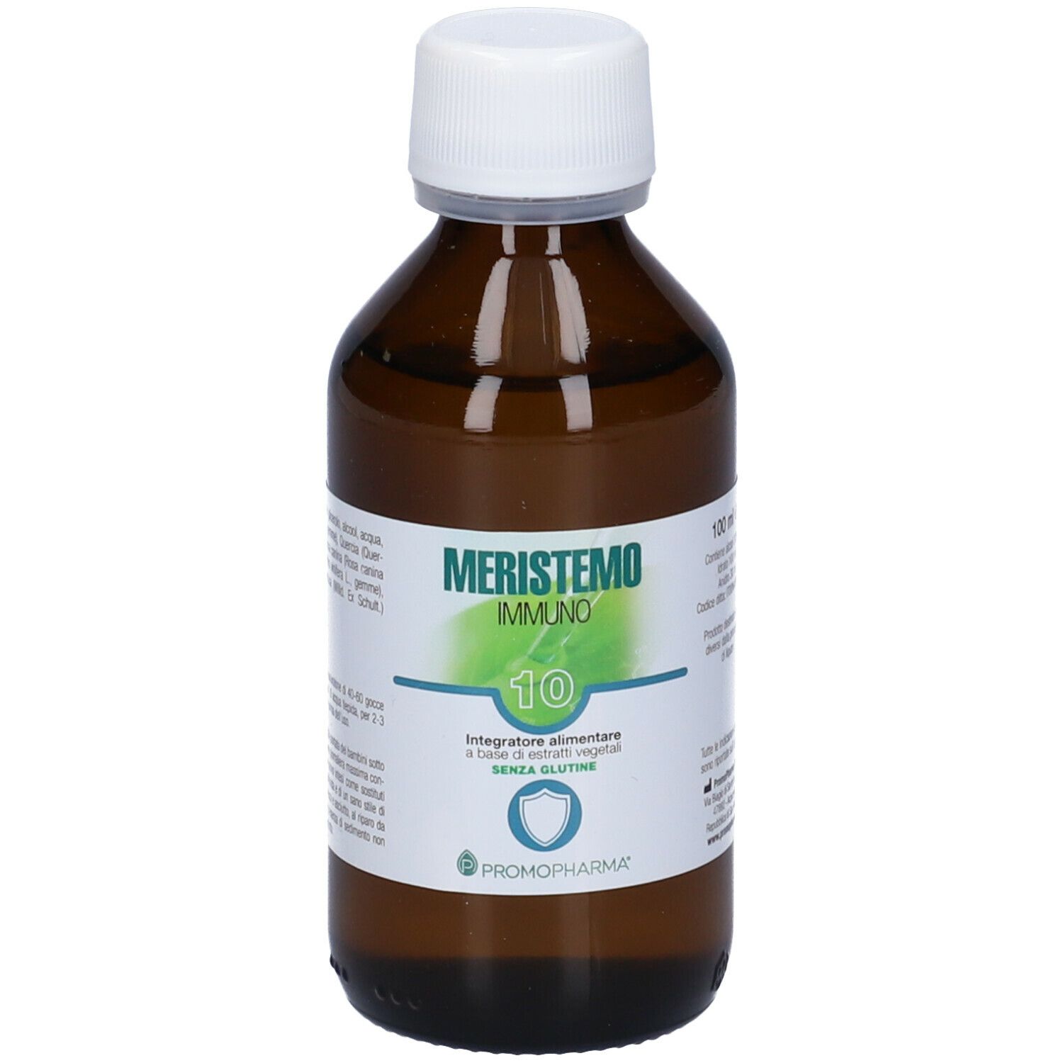 Flacone di vetro marrone con tappo bianco. Scritta: Meristemo Immuno 10. Con elementi verdi e bianchi. Etichetta con testo.