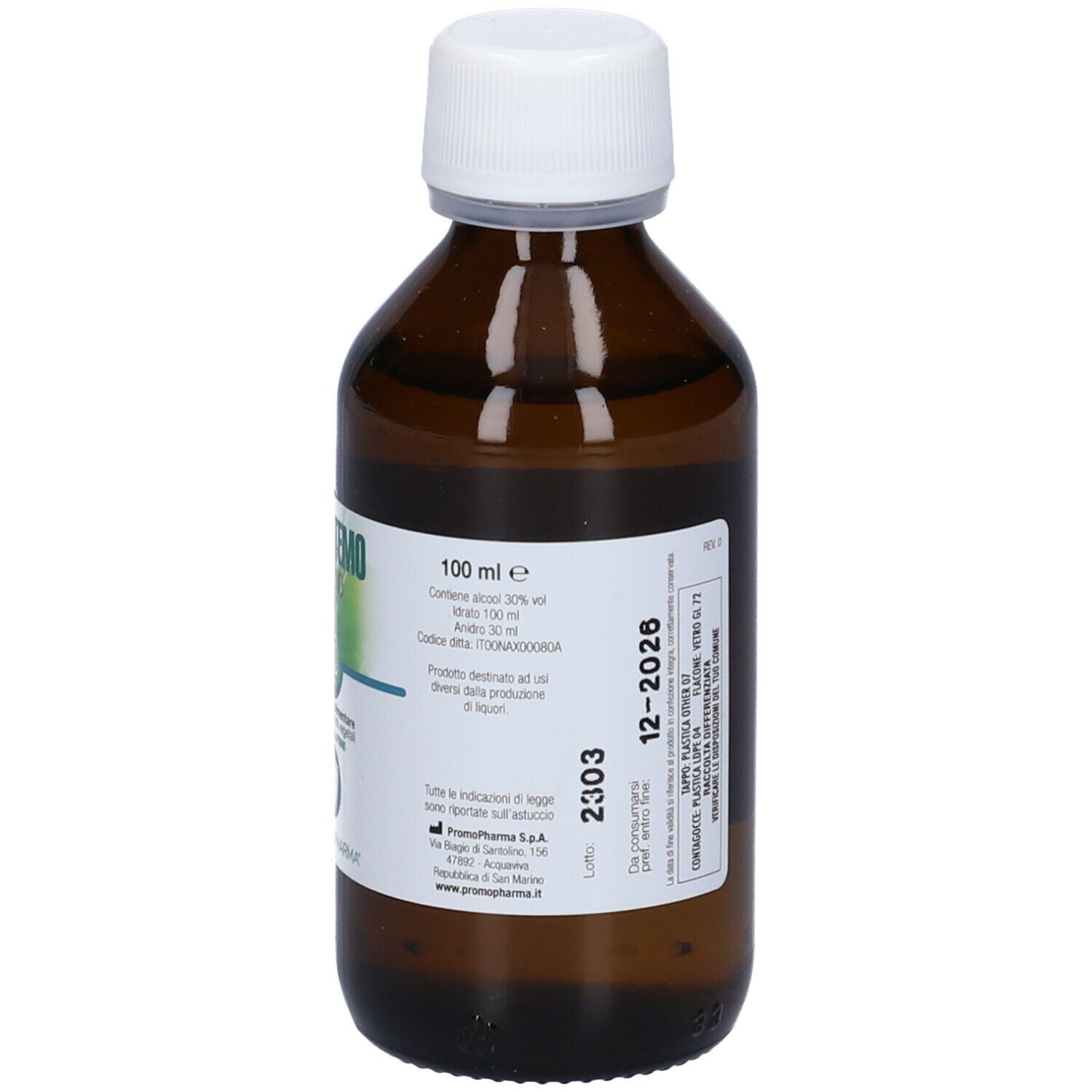 Flacone di vetro marrone con tappo bianco. Etichetta con informazioni sul prodotto. Contiene alcol.
