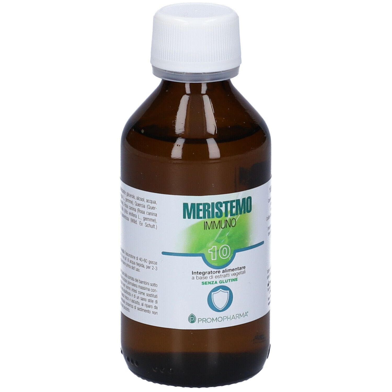 Flacone di vetro marrone con tappo bianco. Scritta: Meristemo Immuno 10. Con elementi verdi e bianchi.
