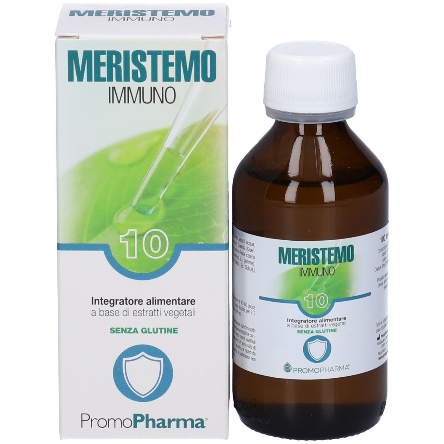 Flacone di vetro marrone con tappo bianco e scatola. Scritta: Meristemo Immuno 10. Con elementi verdi e bianchi.