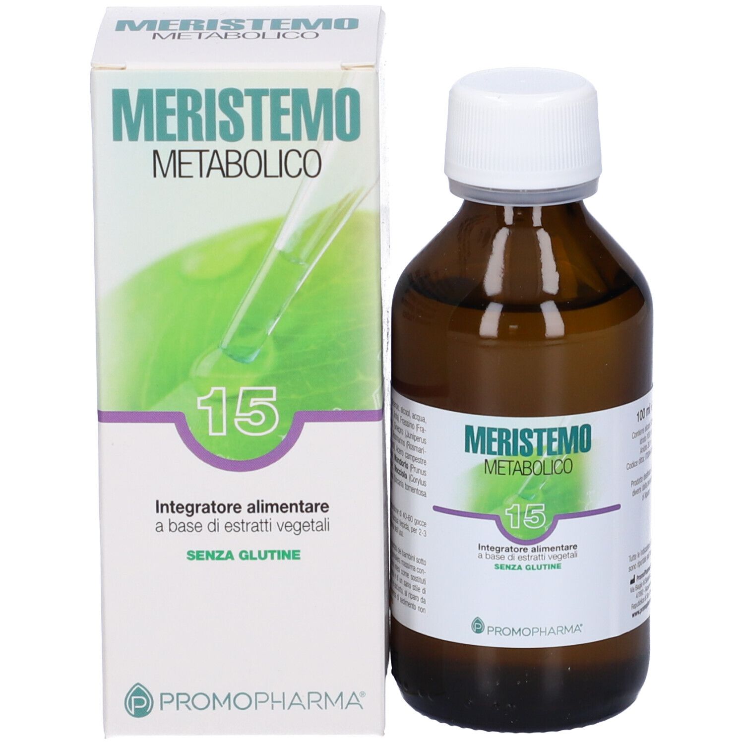 Flacone di vetro marrone con tappo bianco e una scatola. Entrambi mostrano il nome del prodotto e il logo.