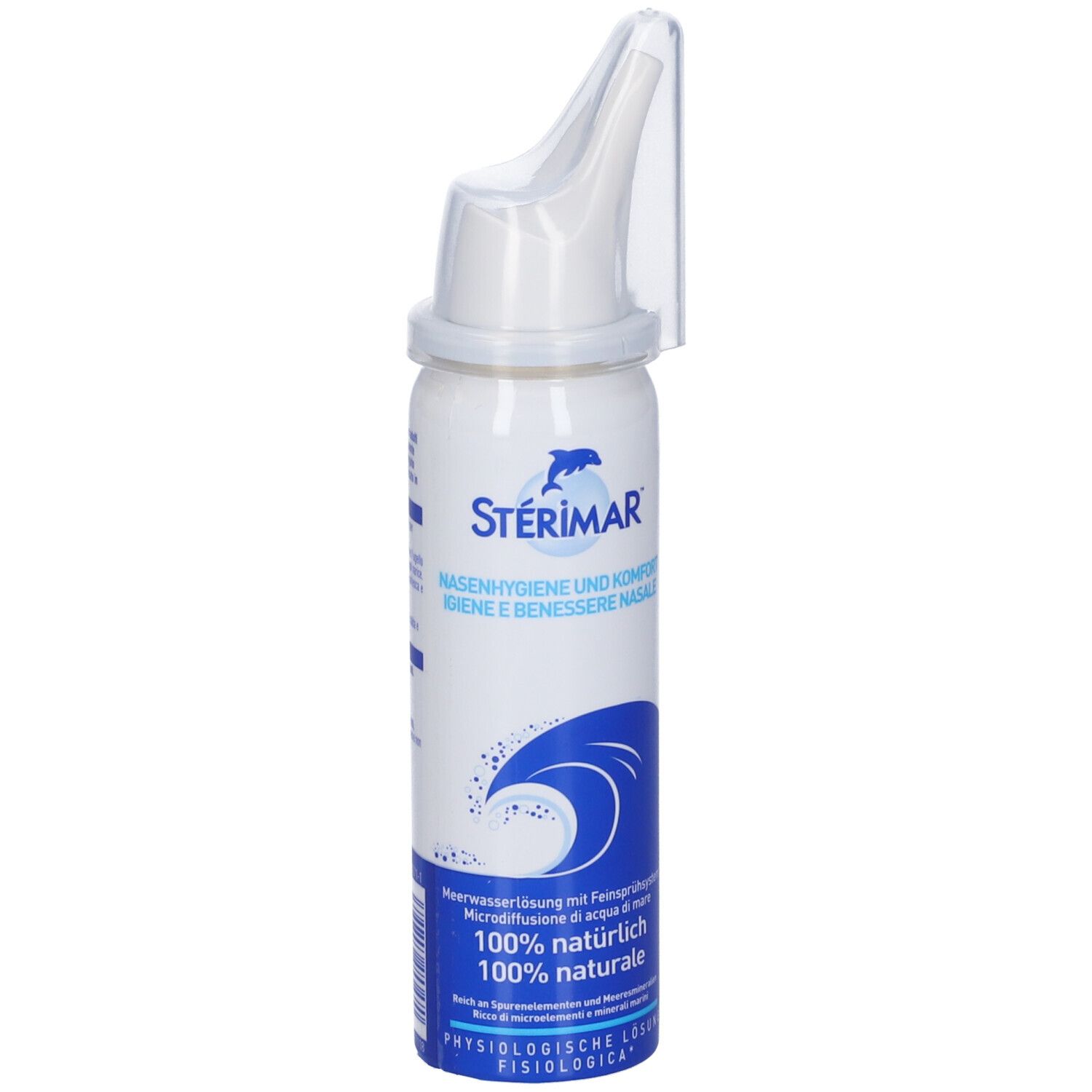 Flacone spray nasale bianco con erogatore. Etichetta blu e bianca con motivo a onde e nome del prodotto.