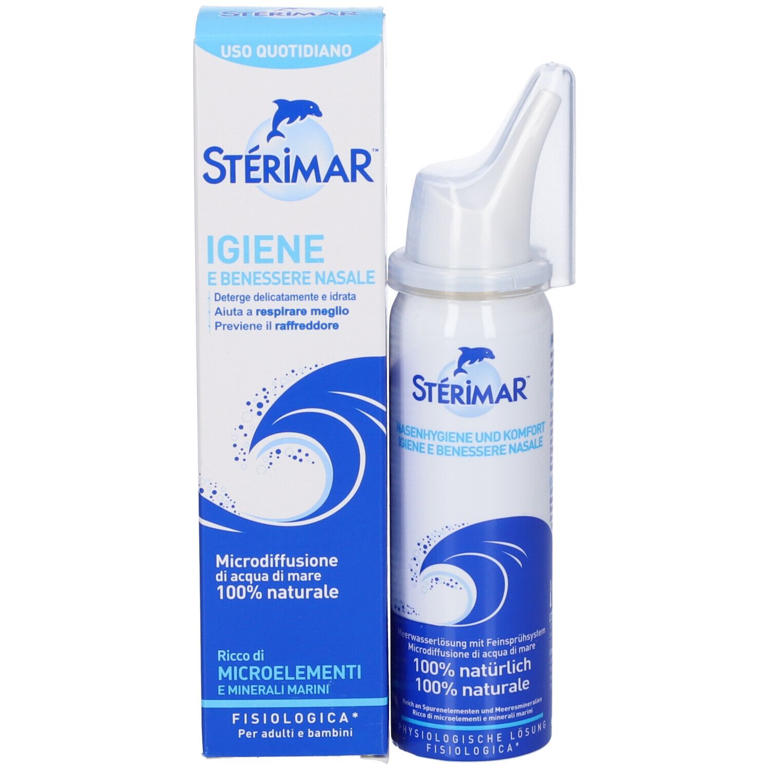 Flacone spray nasale e confezione. Flacone bianco e scatola con scritte blu e nome del prodotto.
