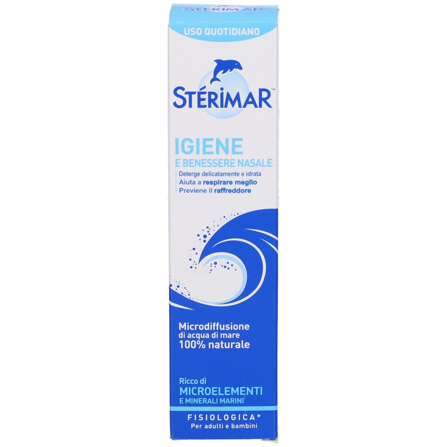 Confezione spray nasale. Scatola bianca con scritte blu e nome del prodotto.