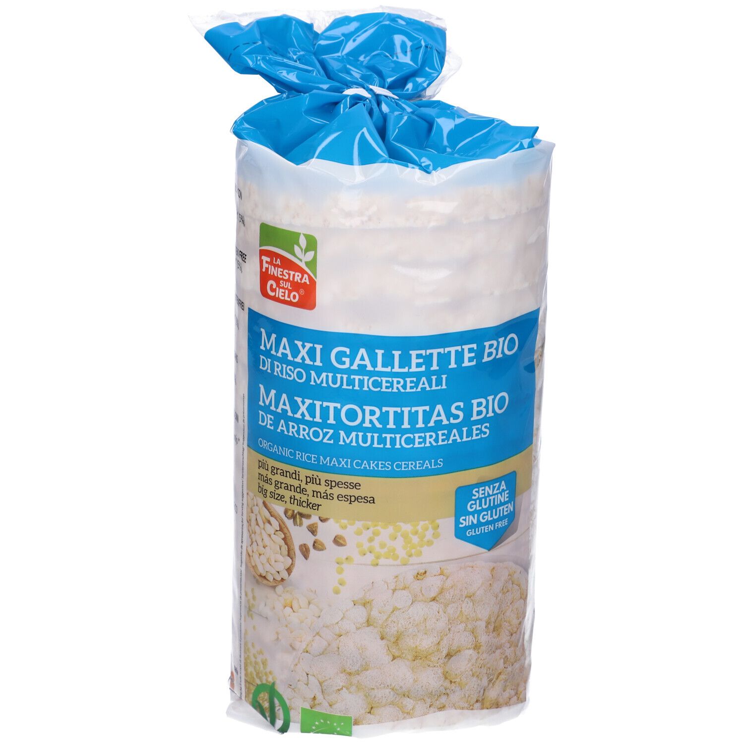 Confezione di Maxi Gallette Bio. Testo: Maxi Gallette Bio di Riso Multicereale. Senza glutine. Certificazione bio.