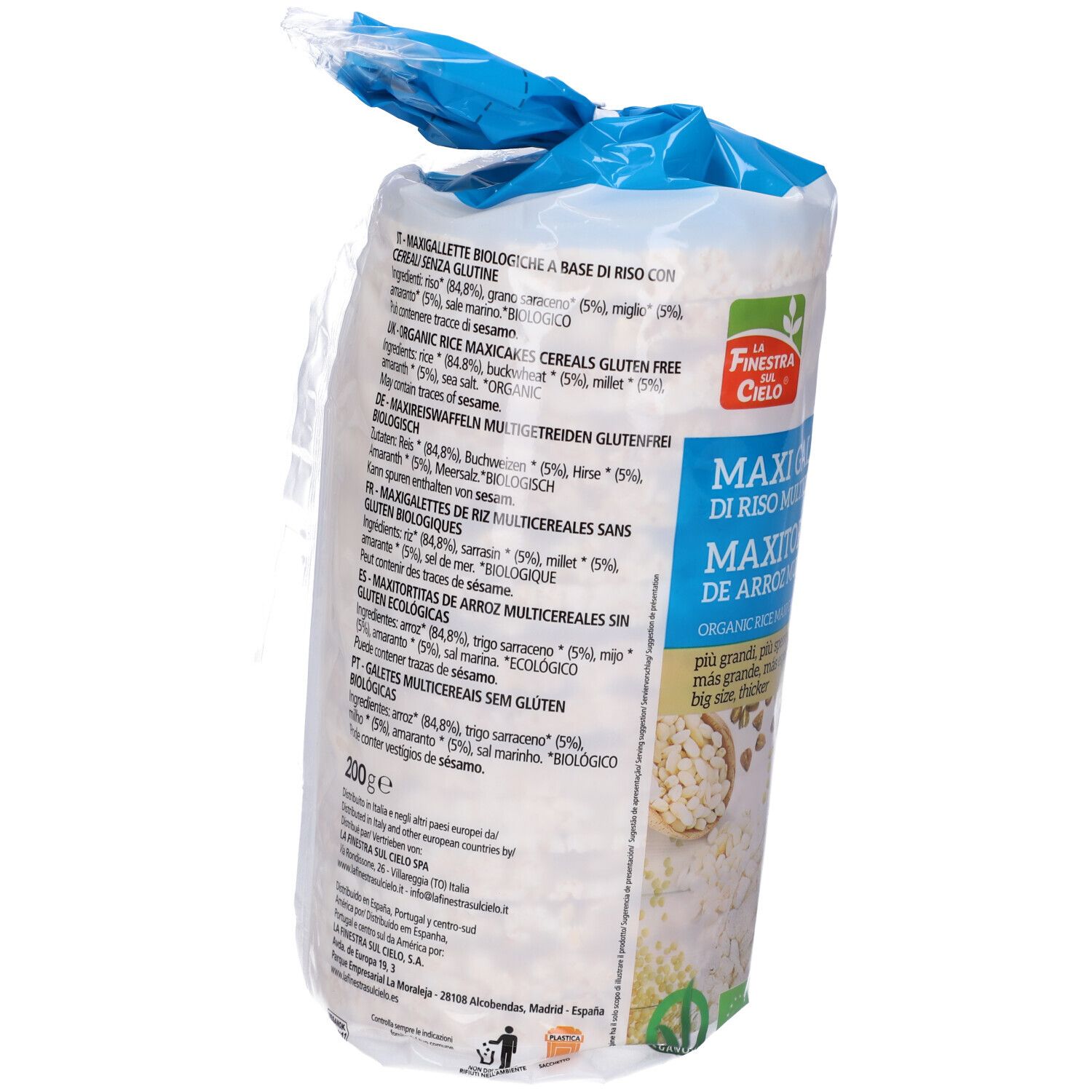 Retro della confezione con elenco ingredienti e valori nutrizionali. Testo: Maxi Gallette Bio. Senza glutine. 200g.